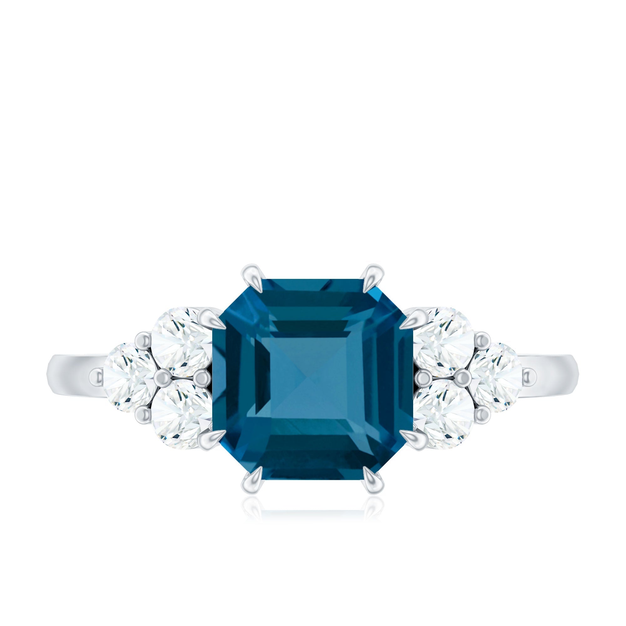 Asscher Cut London Blue Topaz Solitaire Engagement Ring with Diamond Trio