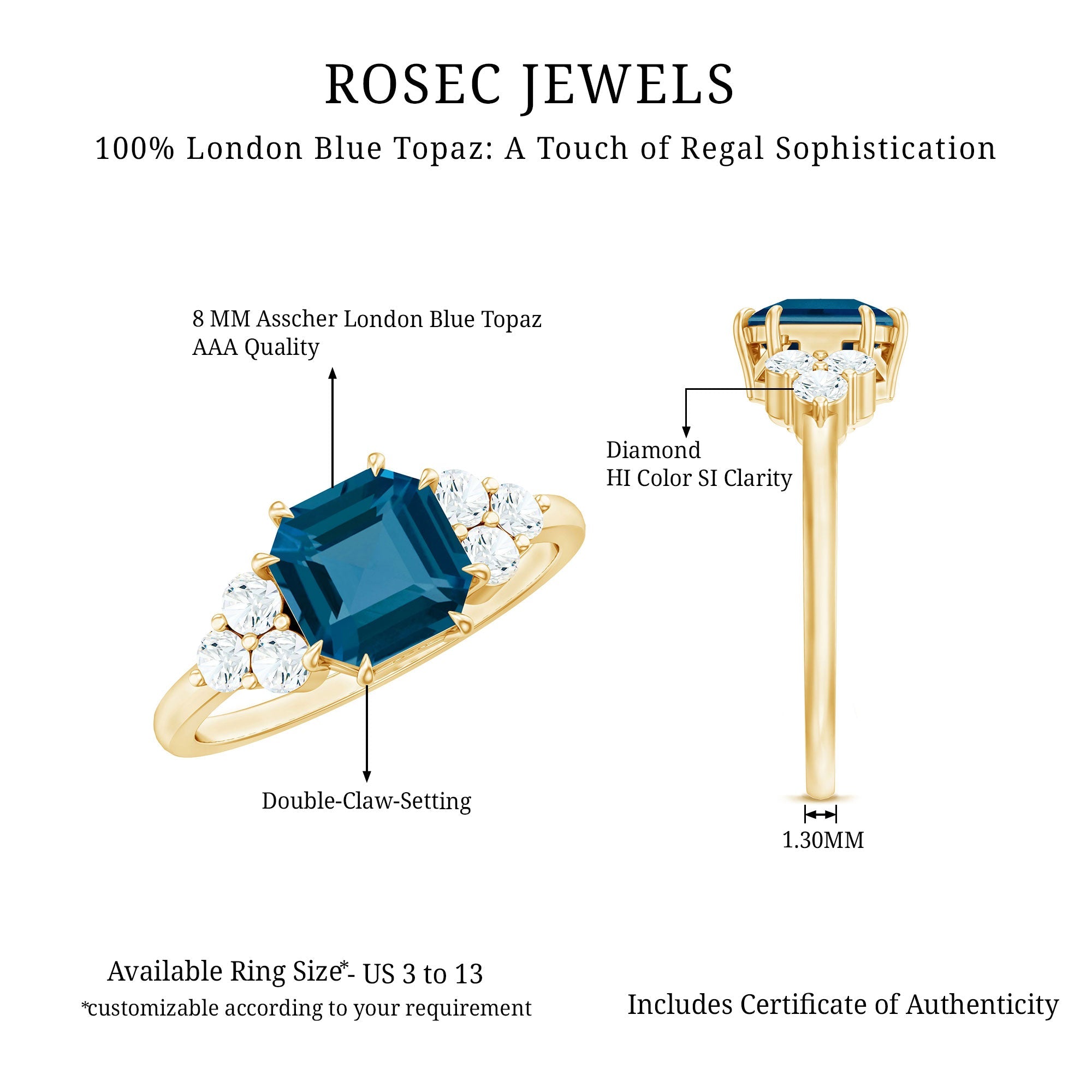 Asscher Cut London Blue Topaz Solitaire Engagement Ring with Diamond Trio