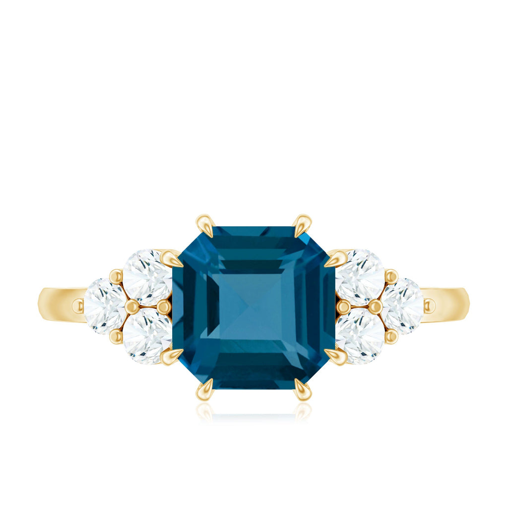 Asscher Cut London Blue Topaz Solitaire Engagement Ring with Diamond Trio