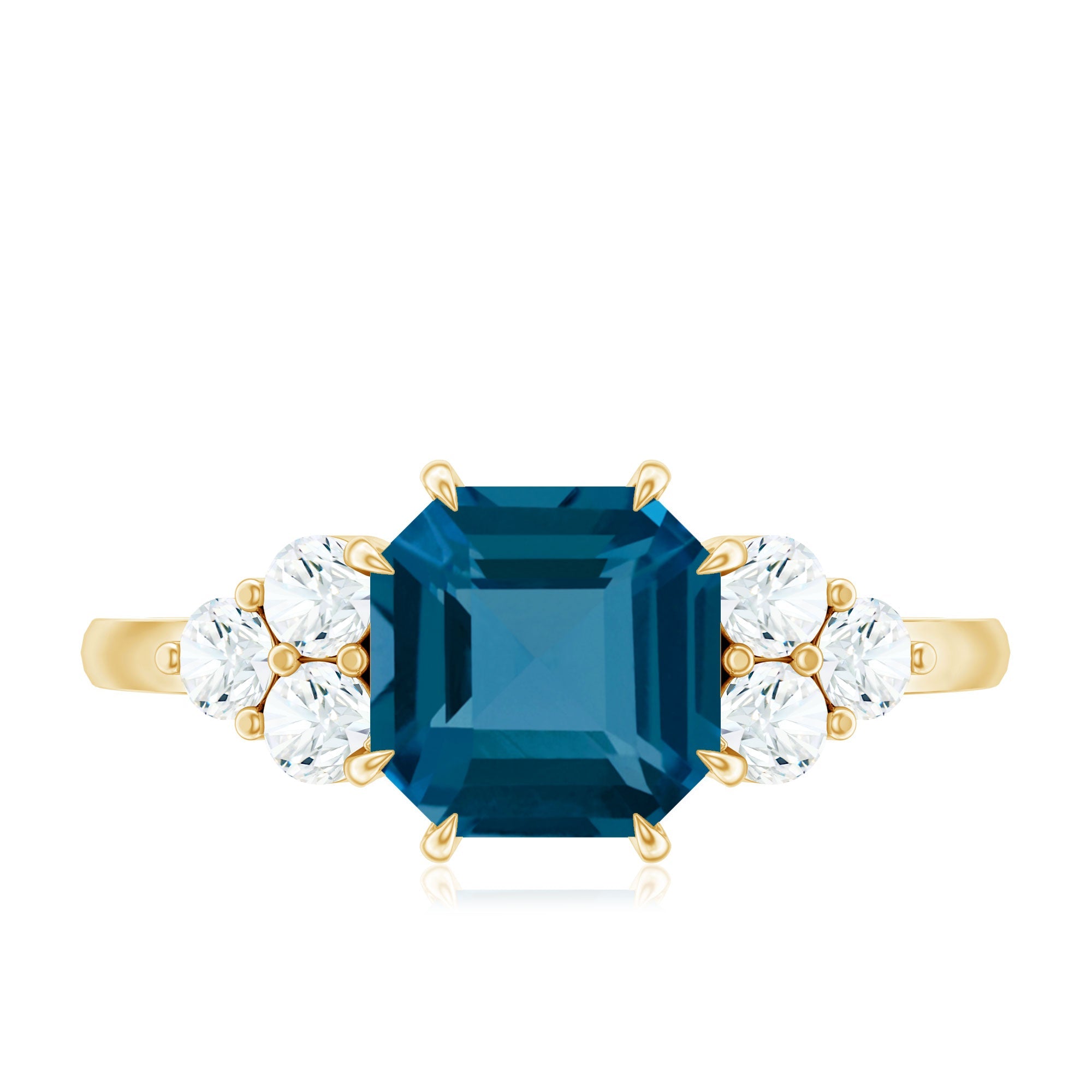 Asscher Cut London Blue Topaz Solitaire Engagement Ring with Diamond Trio