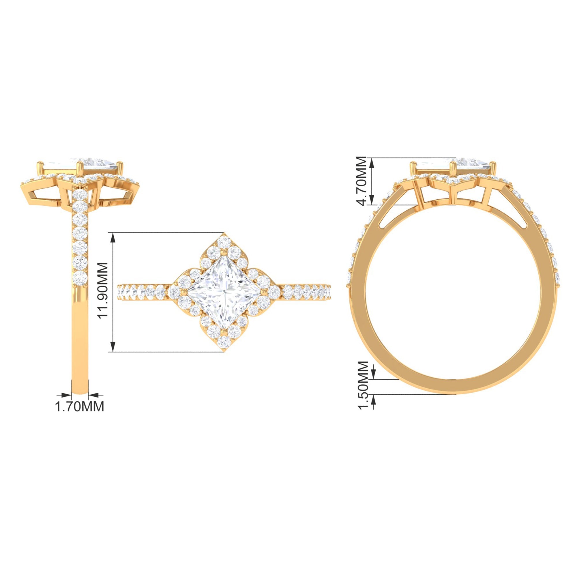 1.75 CT Princess Cut Zircon Engagement Ring Floral Halo