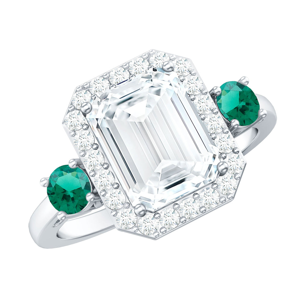 Certified 7X9 mm Moissanite Emerald Cut Engagement Ring with Emerald