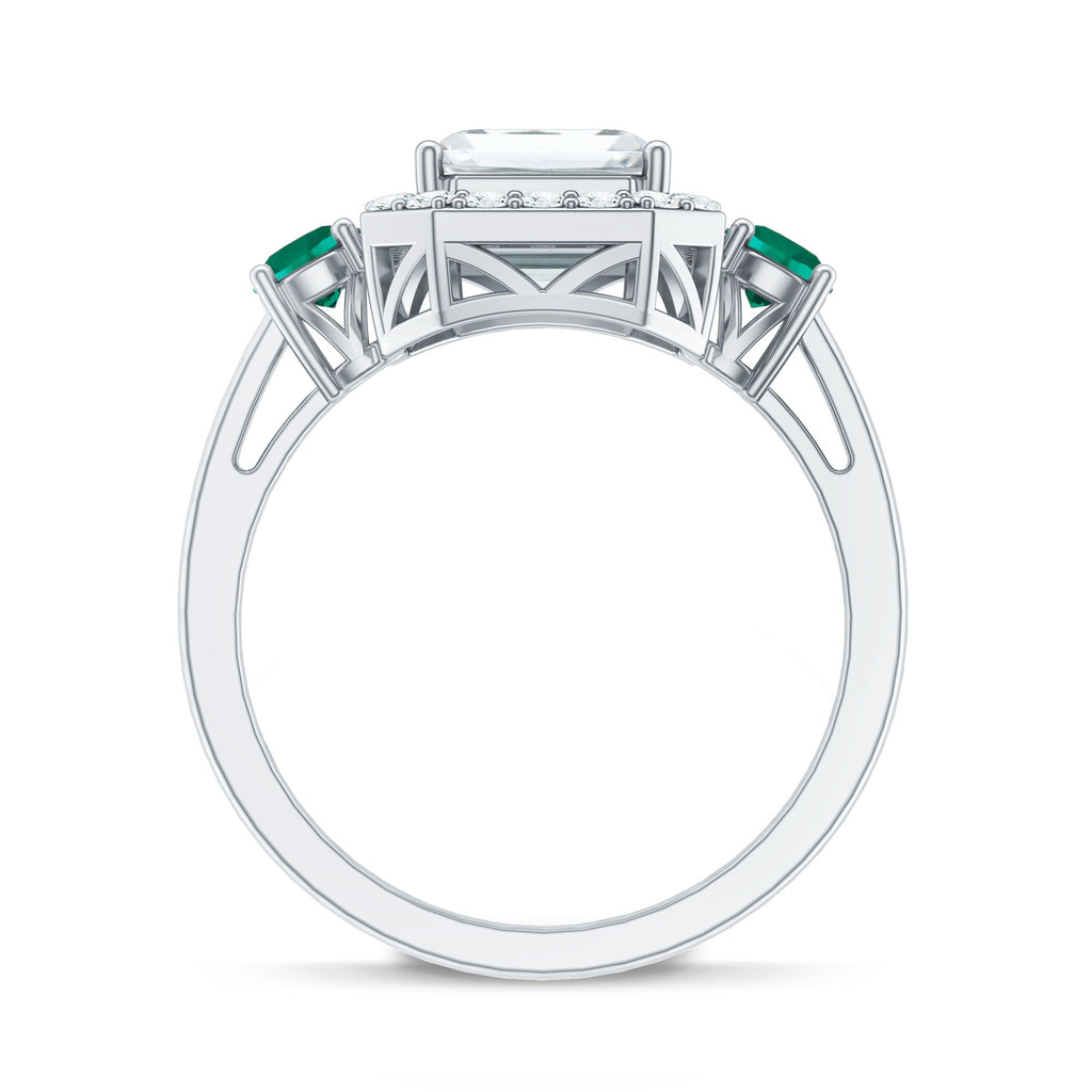 Certified 7X9 mm Moissanite Emerald Cut Engagement Ring with Emerald