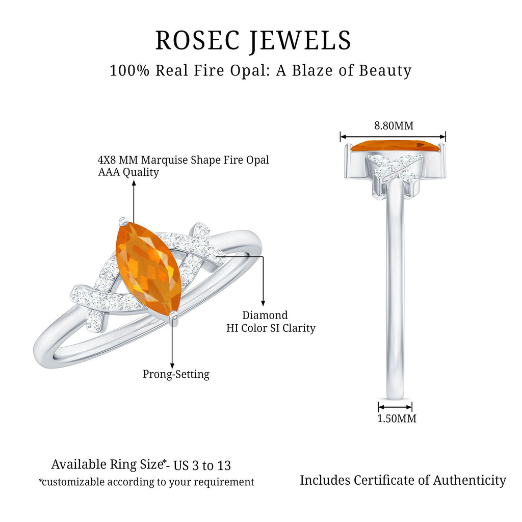 1/2 Carat Fire Opal Marquise Solitaire Ring with Diamond