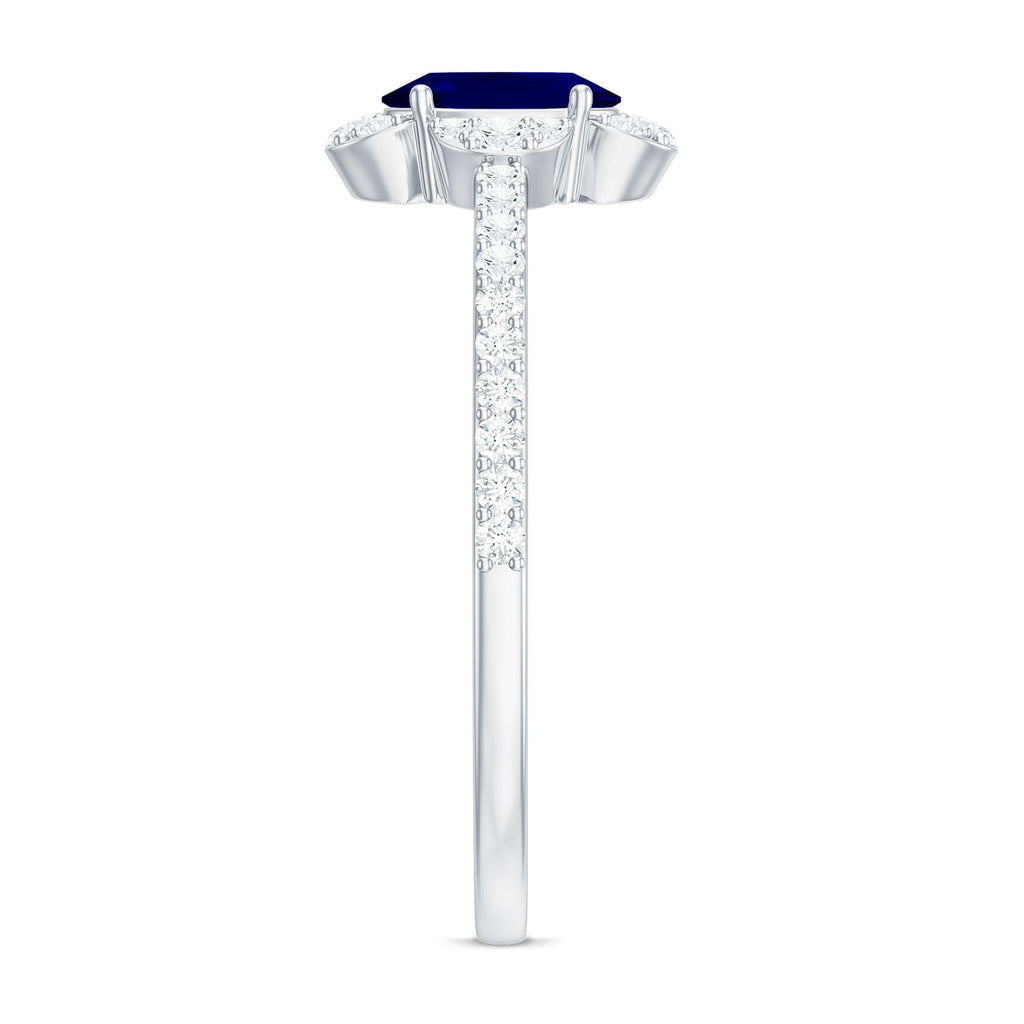 1 CT Oval Cut Blue Sapphire Classic Solitaire Ring with Diamond Halo
