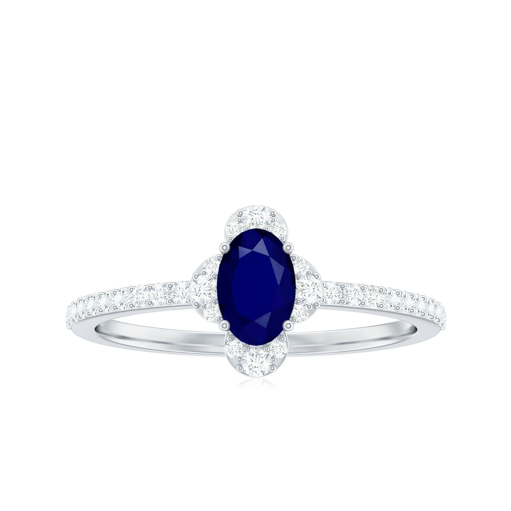 1 CT Oval Cut Blue Sapphire Classic Solitaire Ring with Diamond Halo
