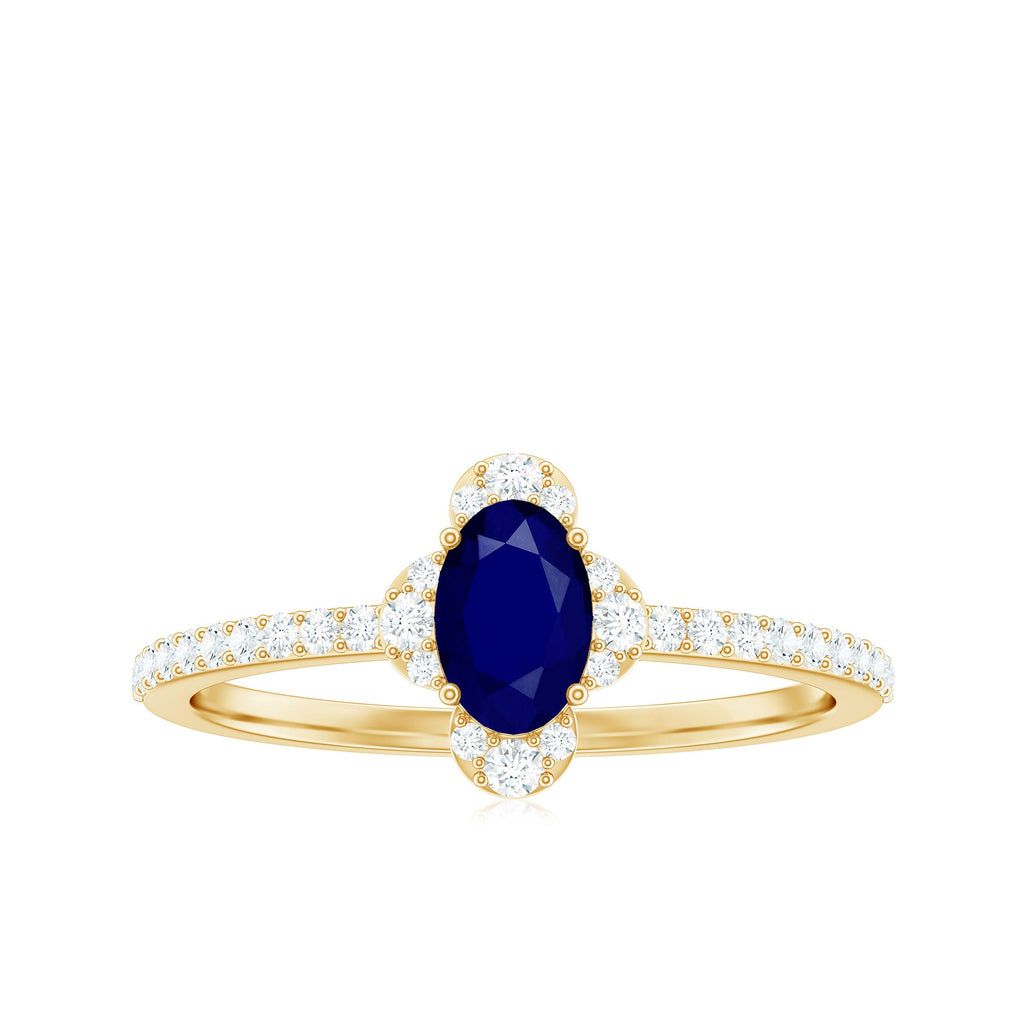 1 CT Oval Cut Blue Sapphire Classic Solitaire Ring with Diamond Halo