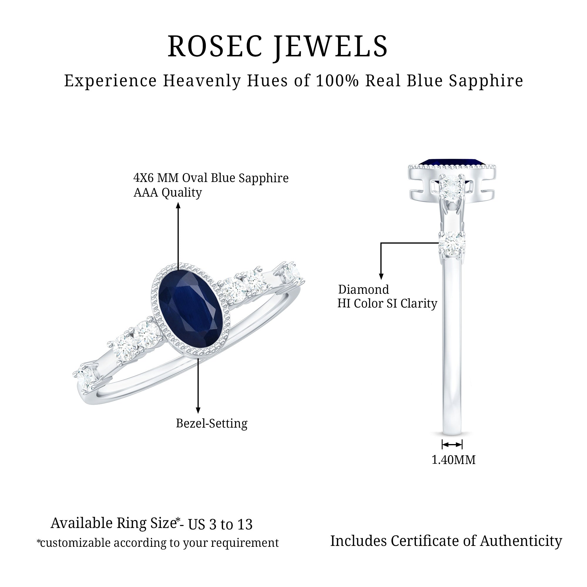 1 CT Oval Cut Blue Sapphire Solitaire Engagement Ring with Diamond