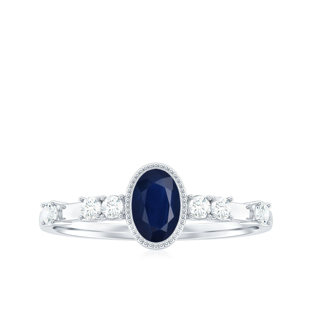 1 CT Oval Cut Blue Sapphire Solitaire Engagement Ring with Diamond