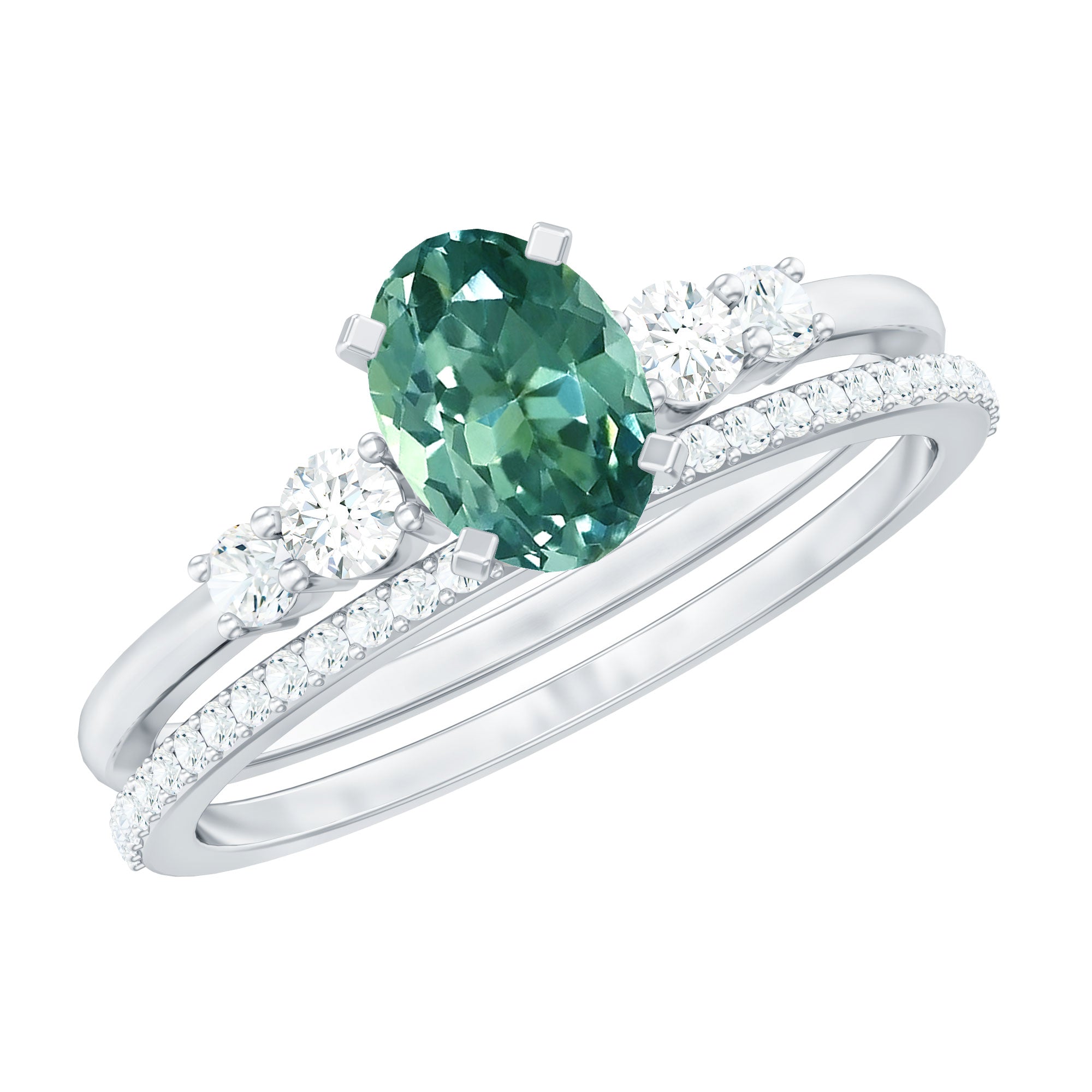Lab Created Green Sapphire and Diamond Oval Wedding Ring Set
