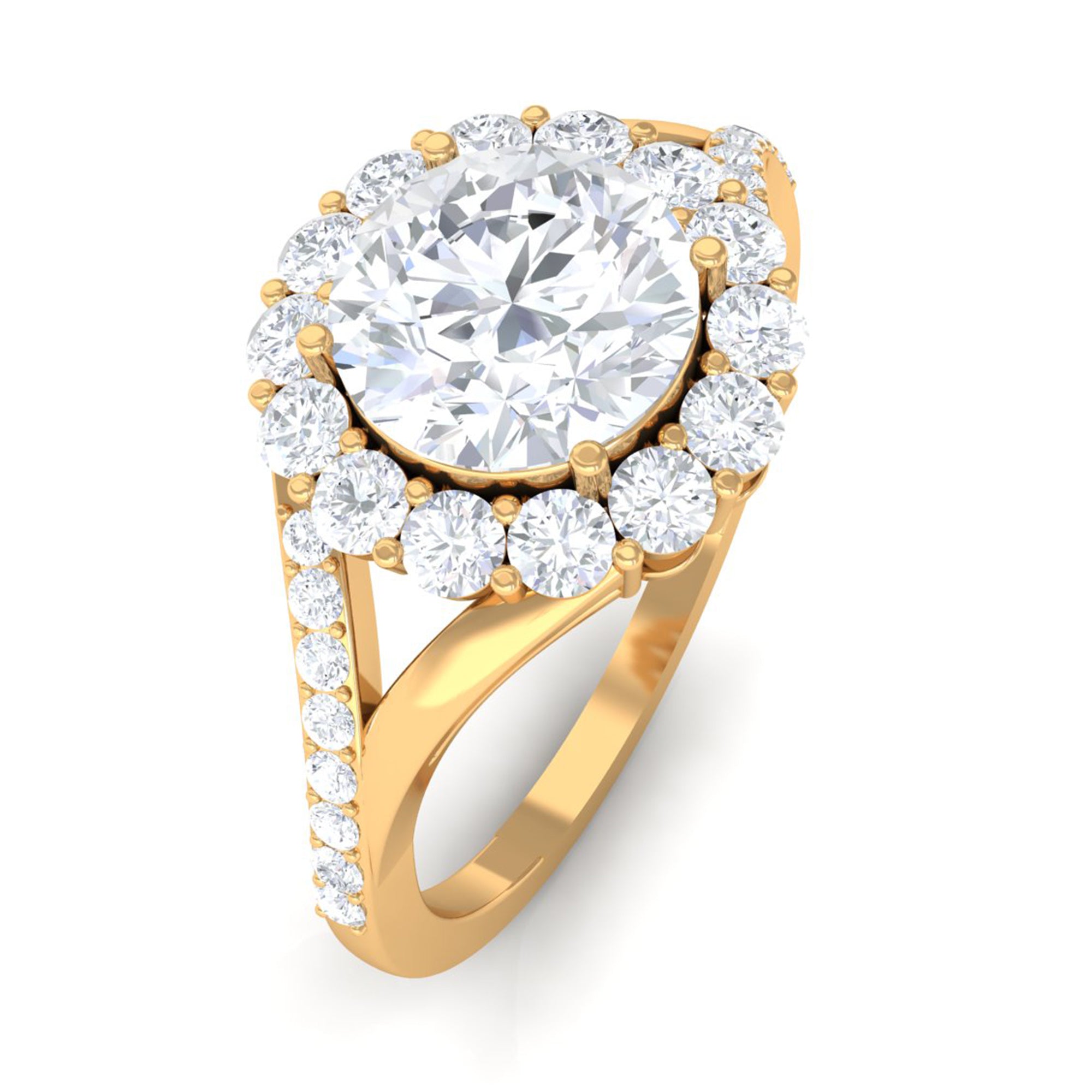 Round Zircon Halo Engagement Ring with Split Shank