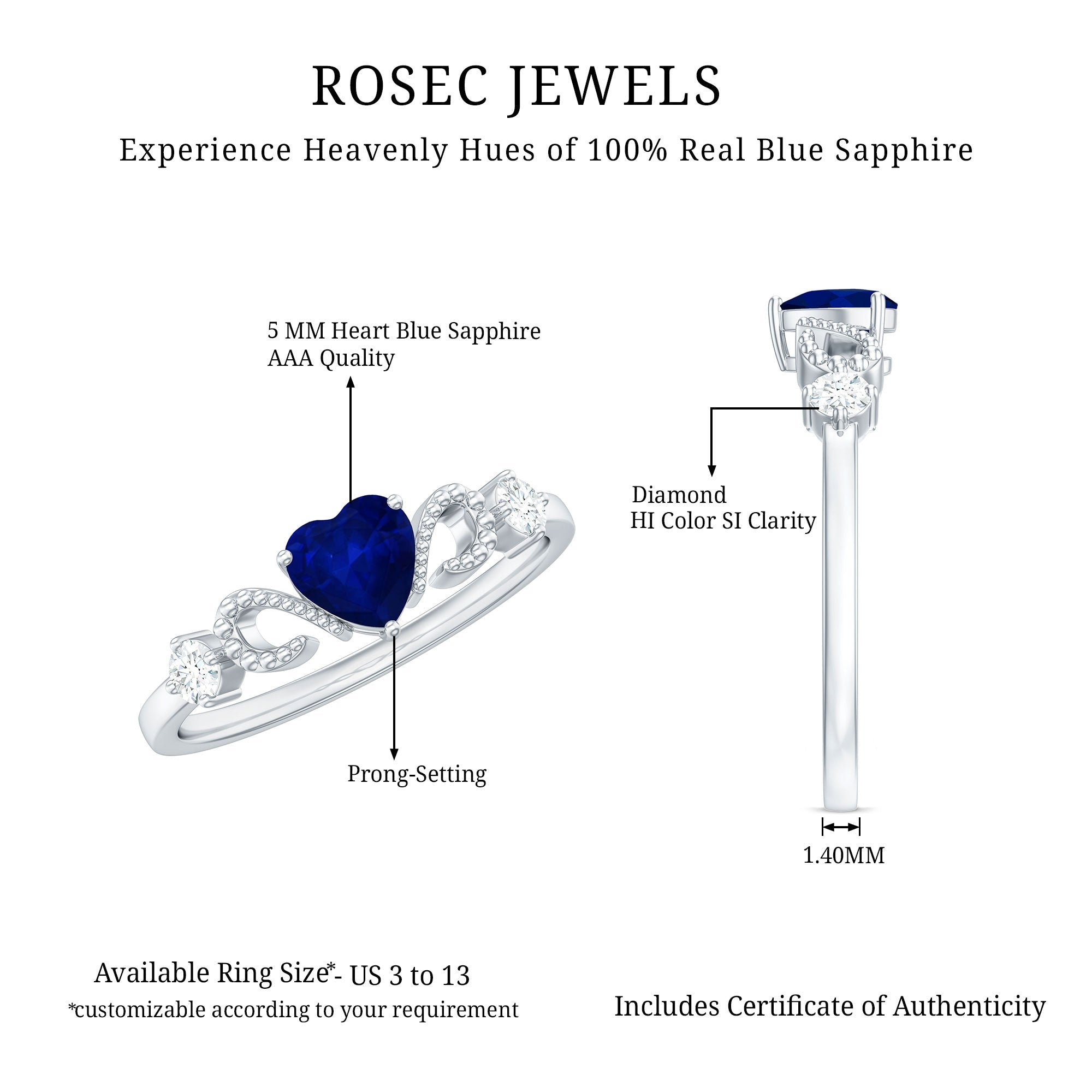 3/4 CT Minimal Blue Sapphire Heart Engagement Ring with Diamond