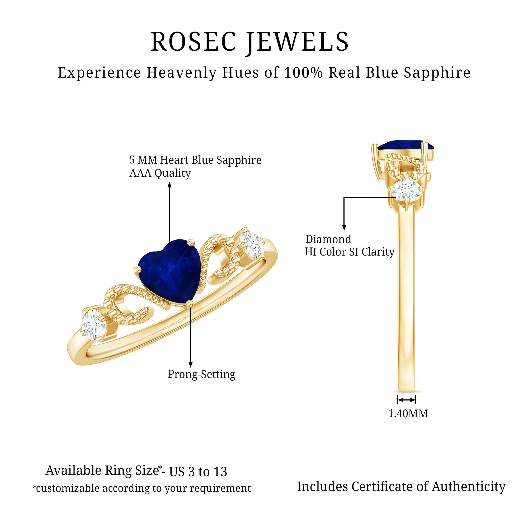 3/4 CT Minimal Blue Sapphire Heart Engagement Ring with Diamond