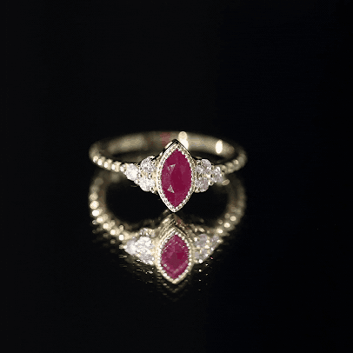 Bezel Set Marquise Ruby Solitaire Promise Ring with Diamond Trio