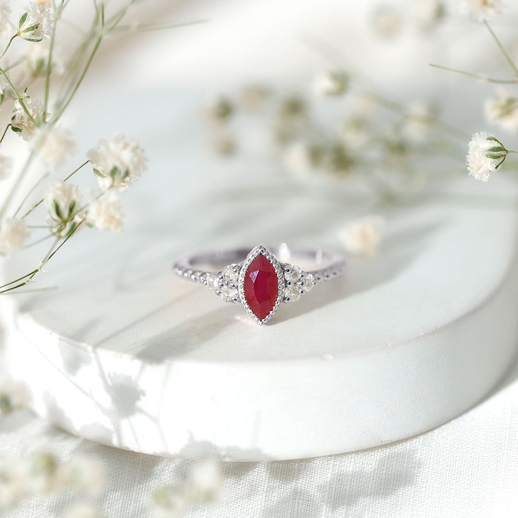Bezel Set Marquise Ruby Solitaire Promise Ring with Diamond Trio
