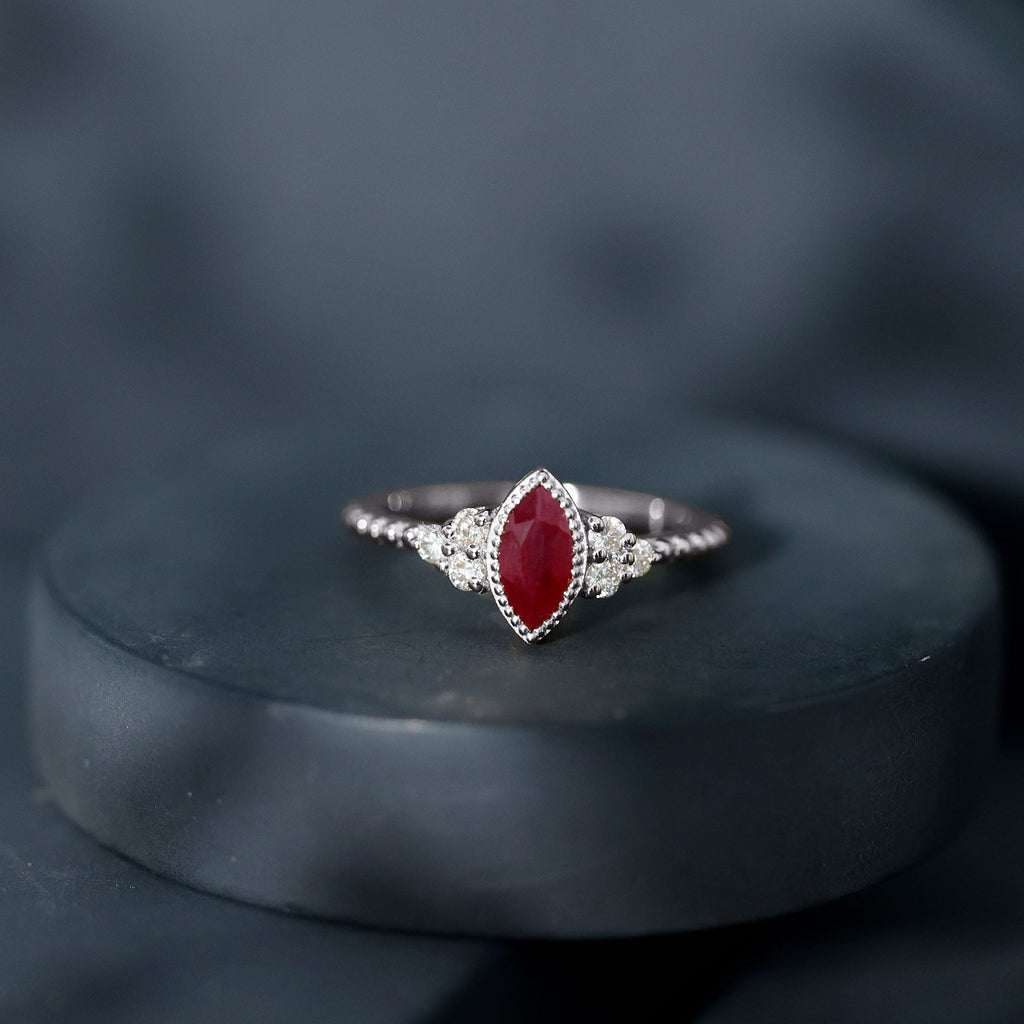 Bezel Set Marquise Ruby Solitaire Promise Ring with Diamond Trio