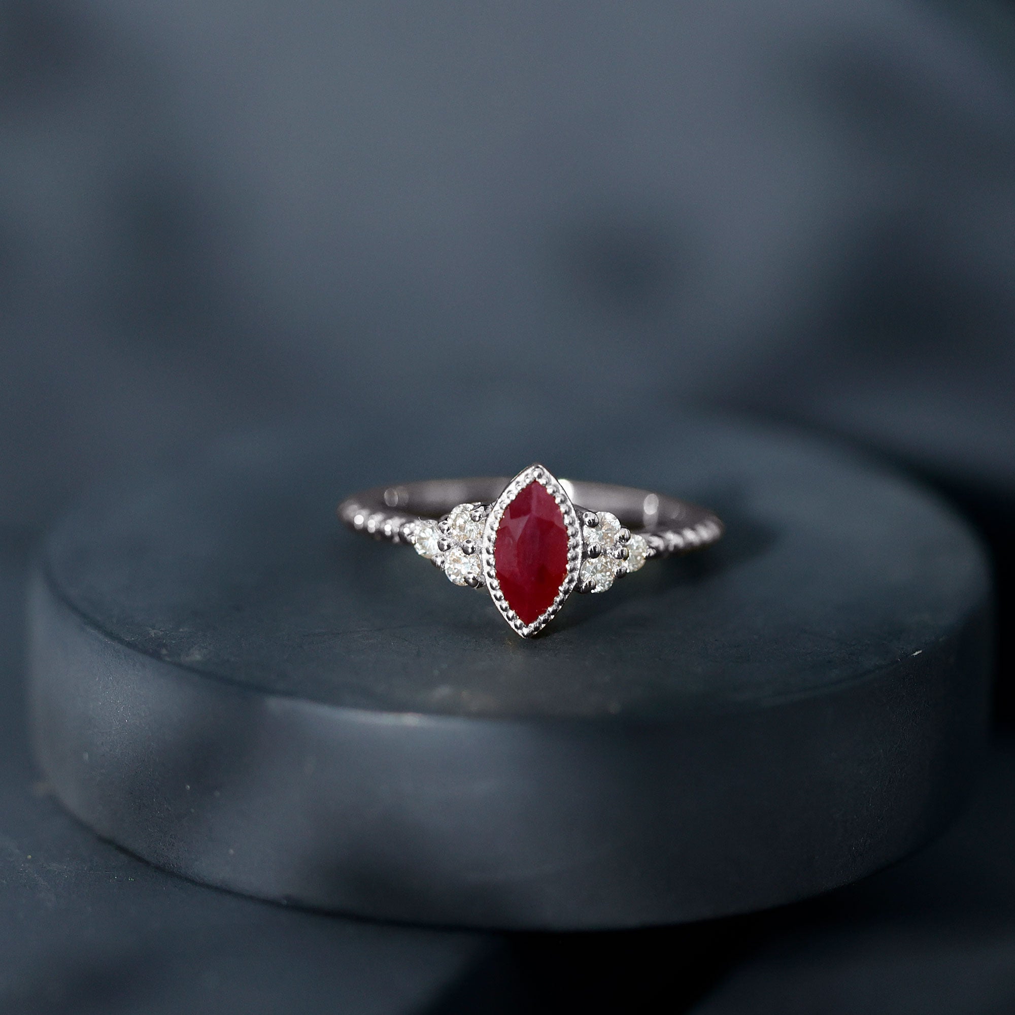 Bezel Set Marquise Ruby Solitaire Promise Ring with Diamond Trio