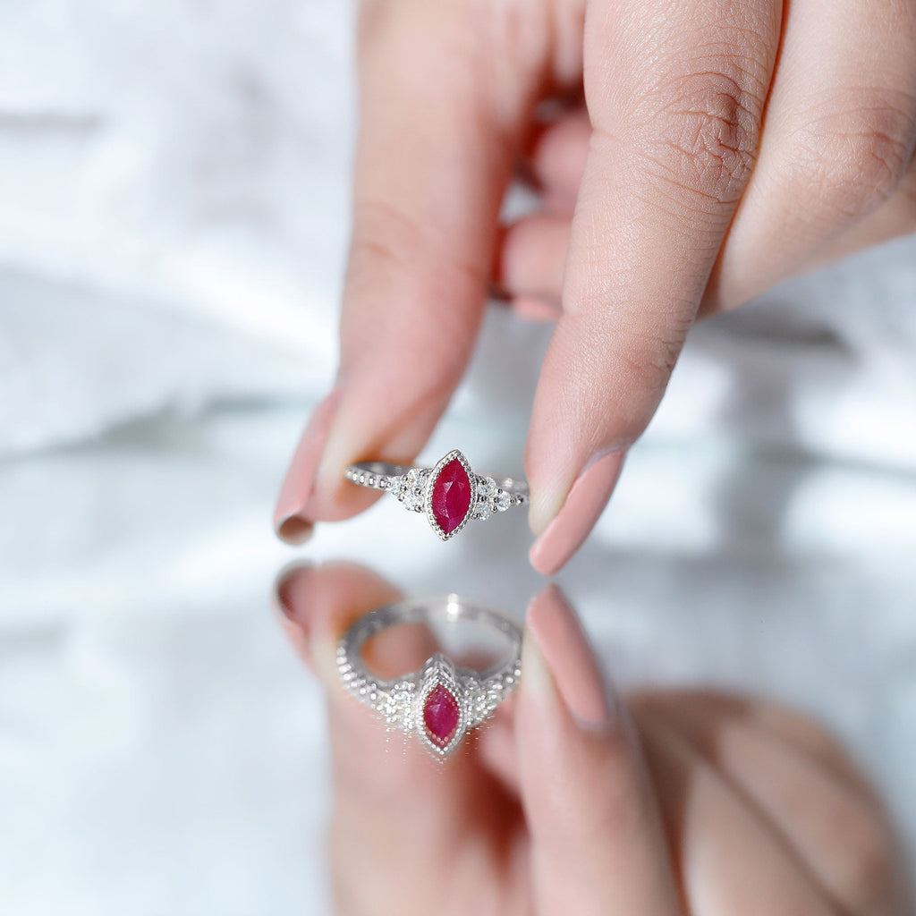 Bezel Set Marquise Ruby Solitaire Promise Ring with Diamond Trio