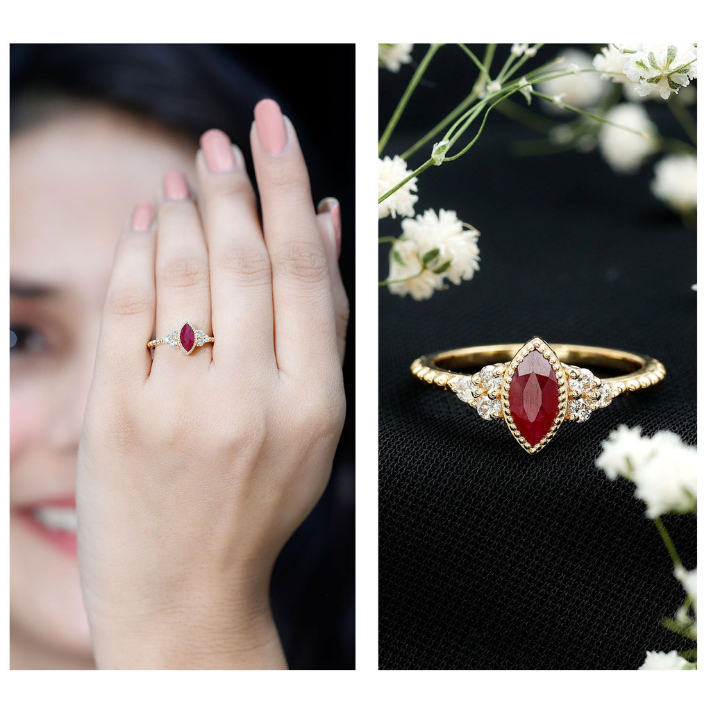 Bezel Set Marquise Ruby Solitaire Promise Ring with Diamond Trio
