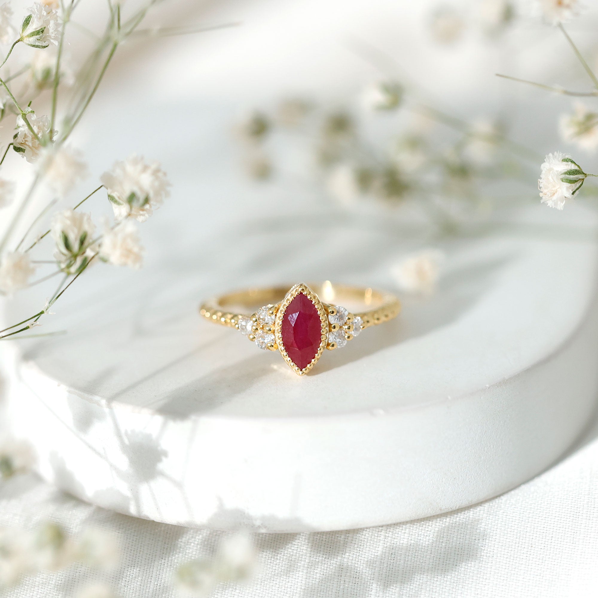 Bezel Set Marquise Ruby Solitaire Promise Ring with Diamond Trio