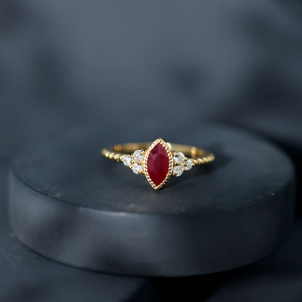 Bezel Set Marquise Ruby Solitaire Promise Ring with Diamond Trio