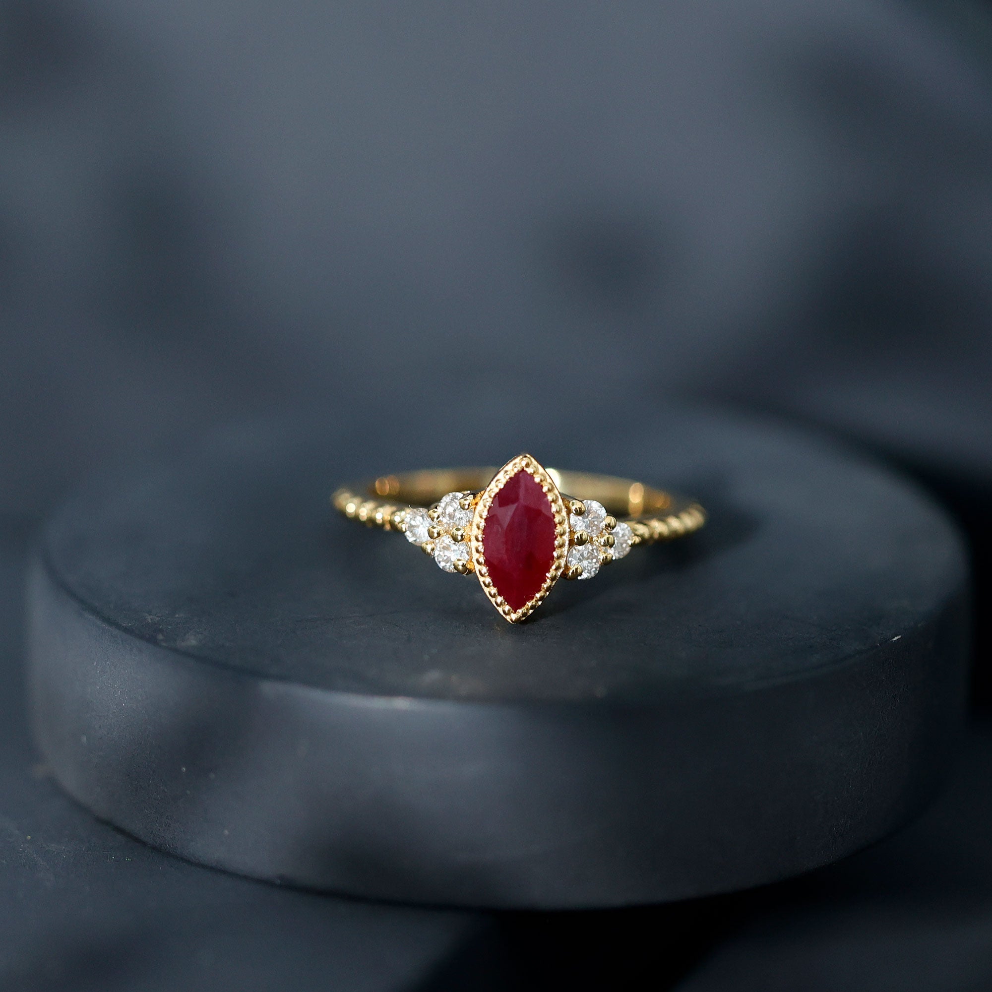 Bezel Set Marquise Ruby Solitaire Promise Ring with Diamond Trio