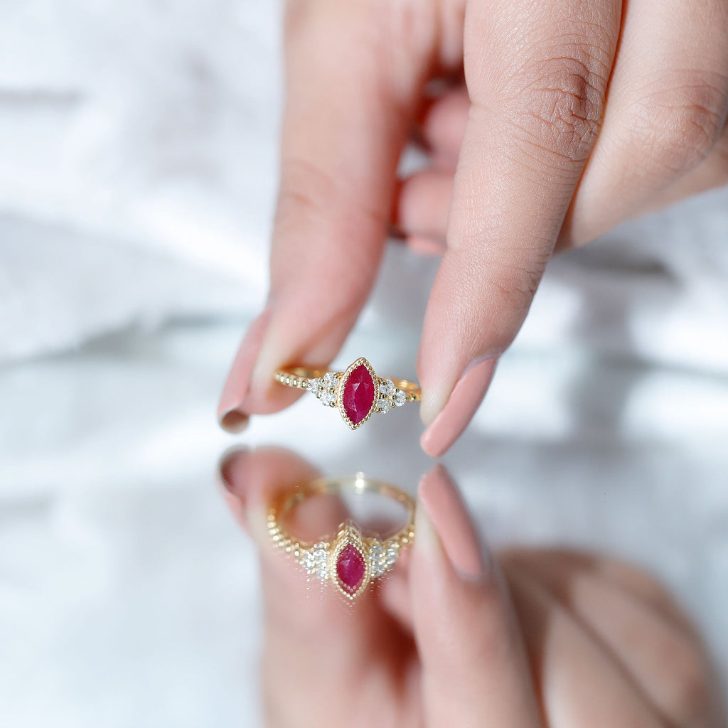 Bezel Set Marquise Ruby Solitaire Promise Ring with Diamond Trio