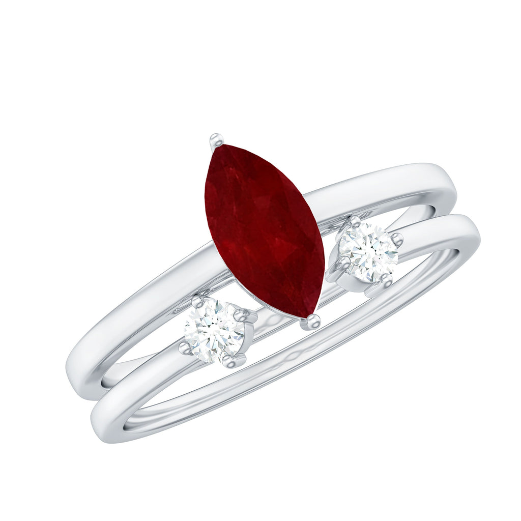 Marquise Cut Ruby Solitaire Ring Set with Moissanite