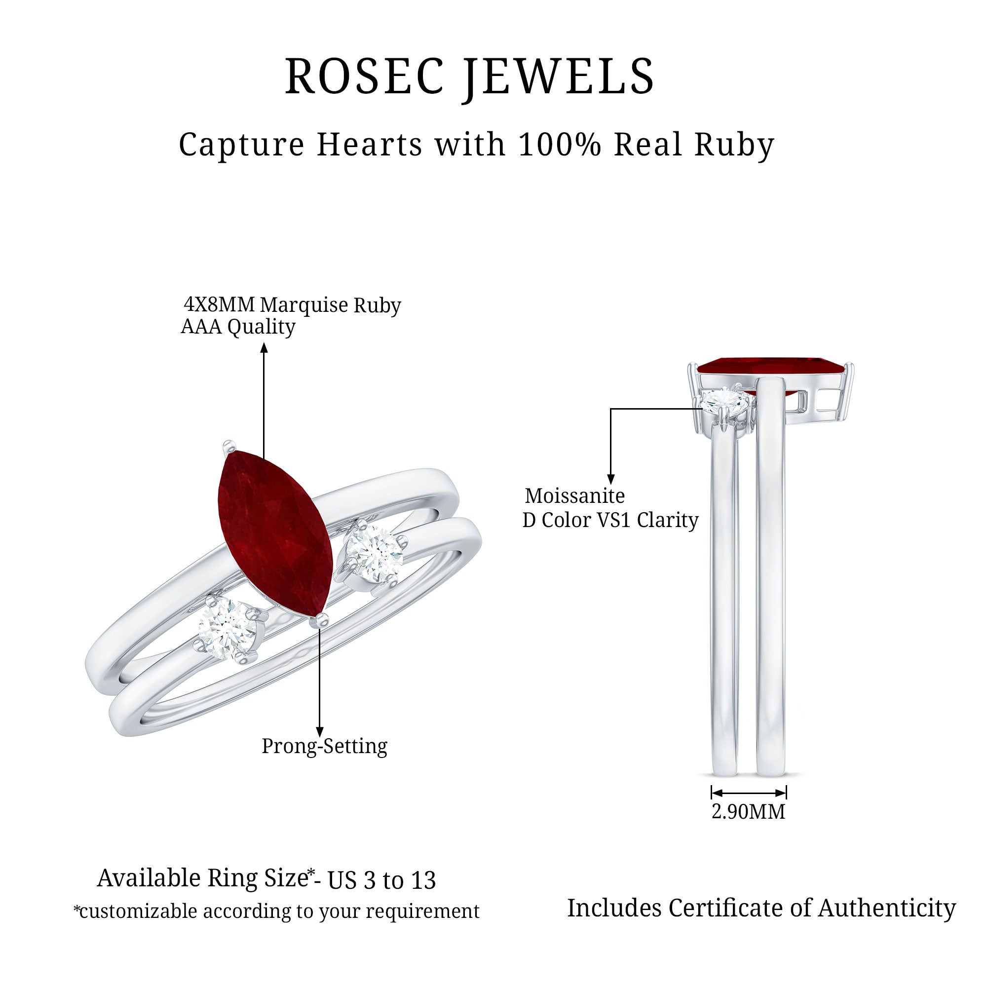 Marquise Cut Ruby Solitaire Ring Set with Moissanite