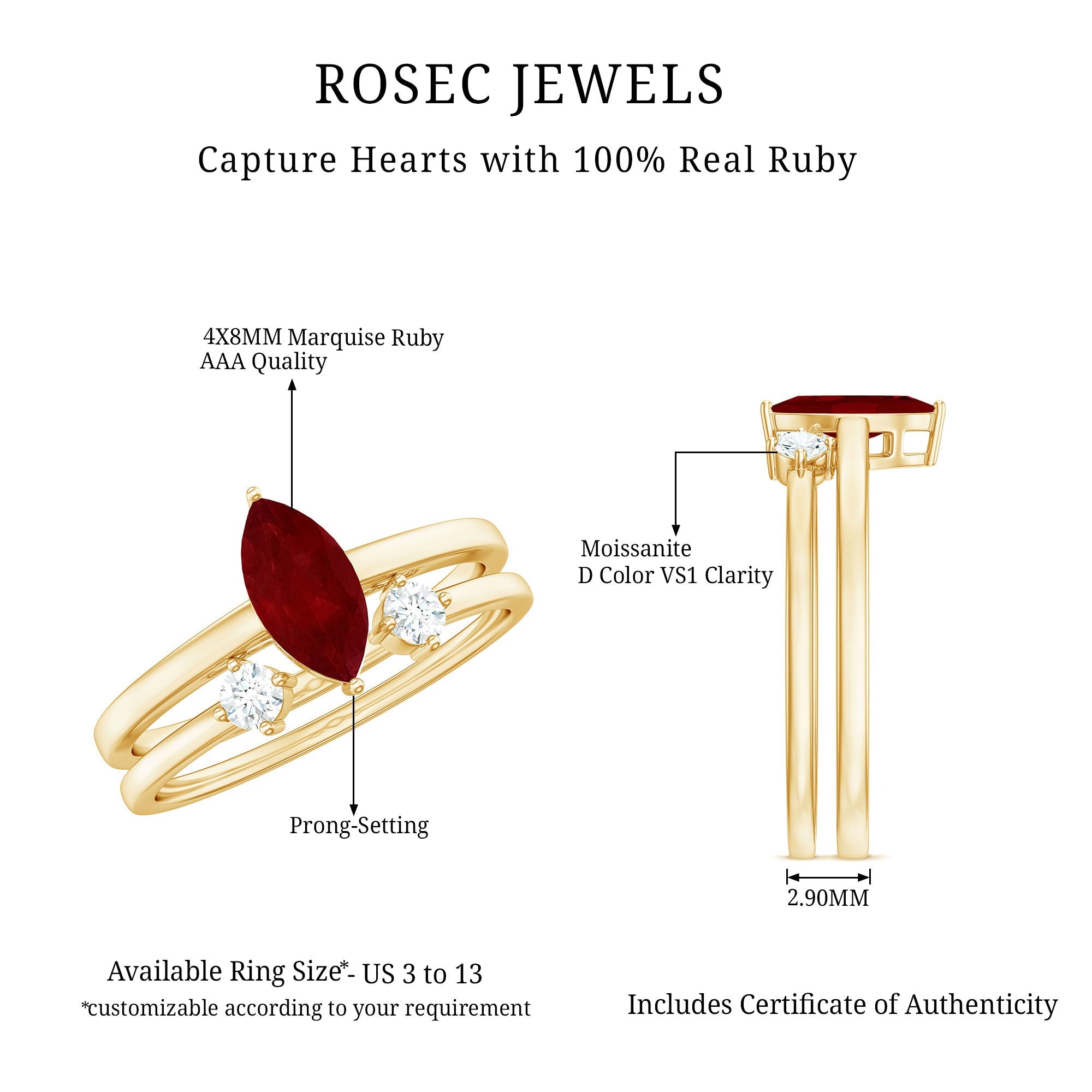 Marquise Cut Ruby Solitaire Ring Set with Moissanite