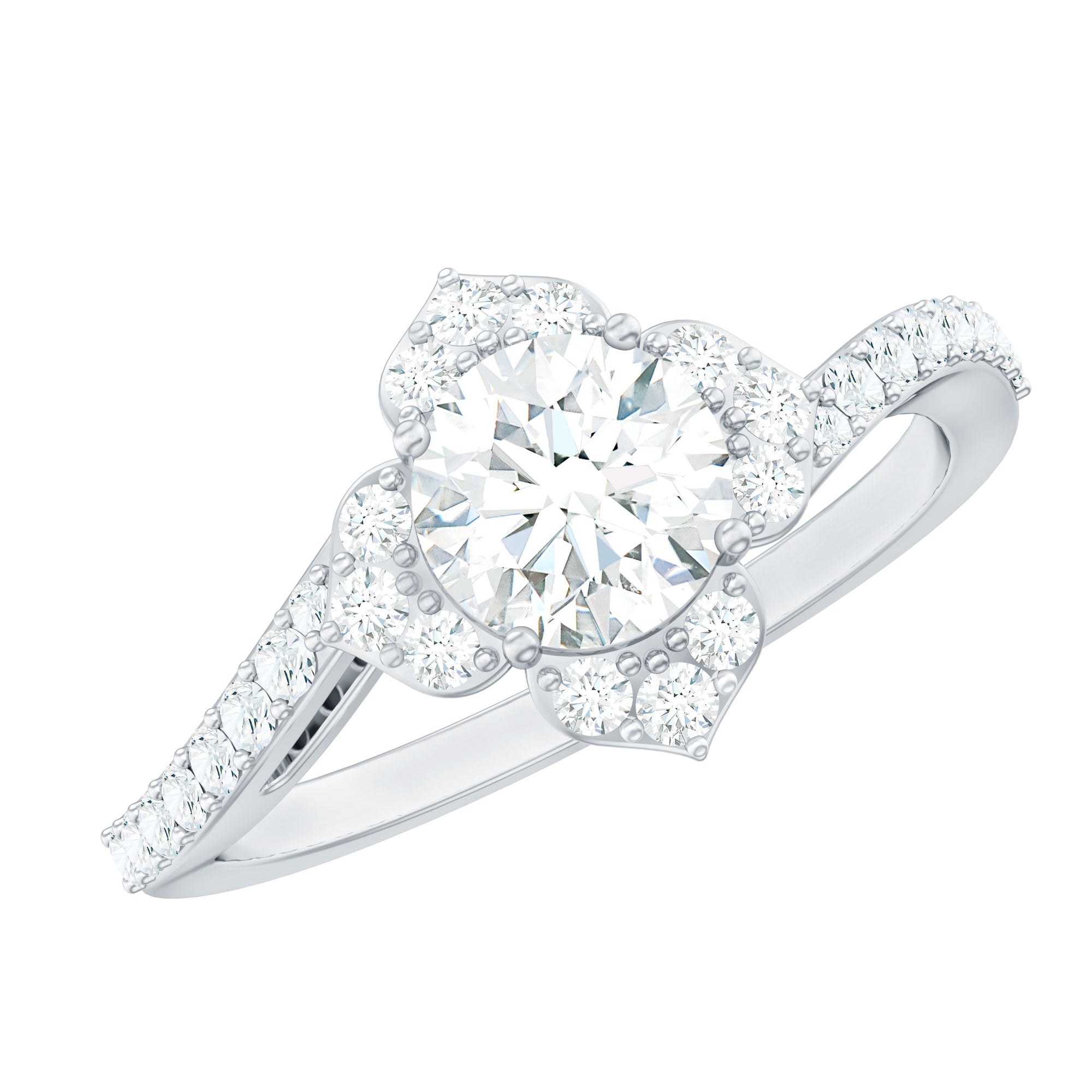 1.75 CT Bypass Shank Round Zircon Flower Engagement Ring