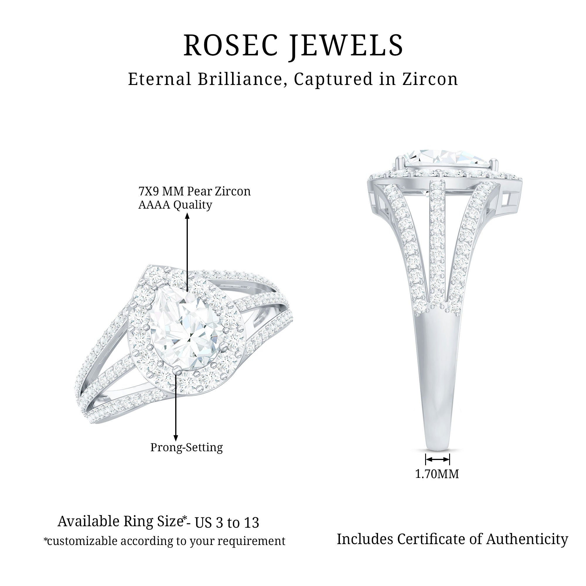 2.50 CT Split Shank Zircon Teardrop Engagement Ring