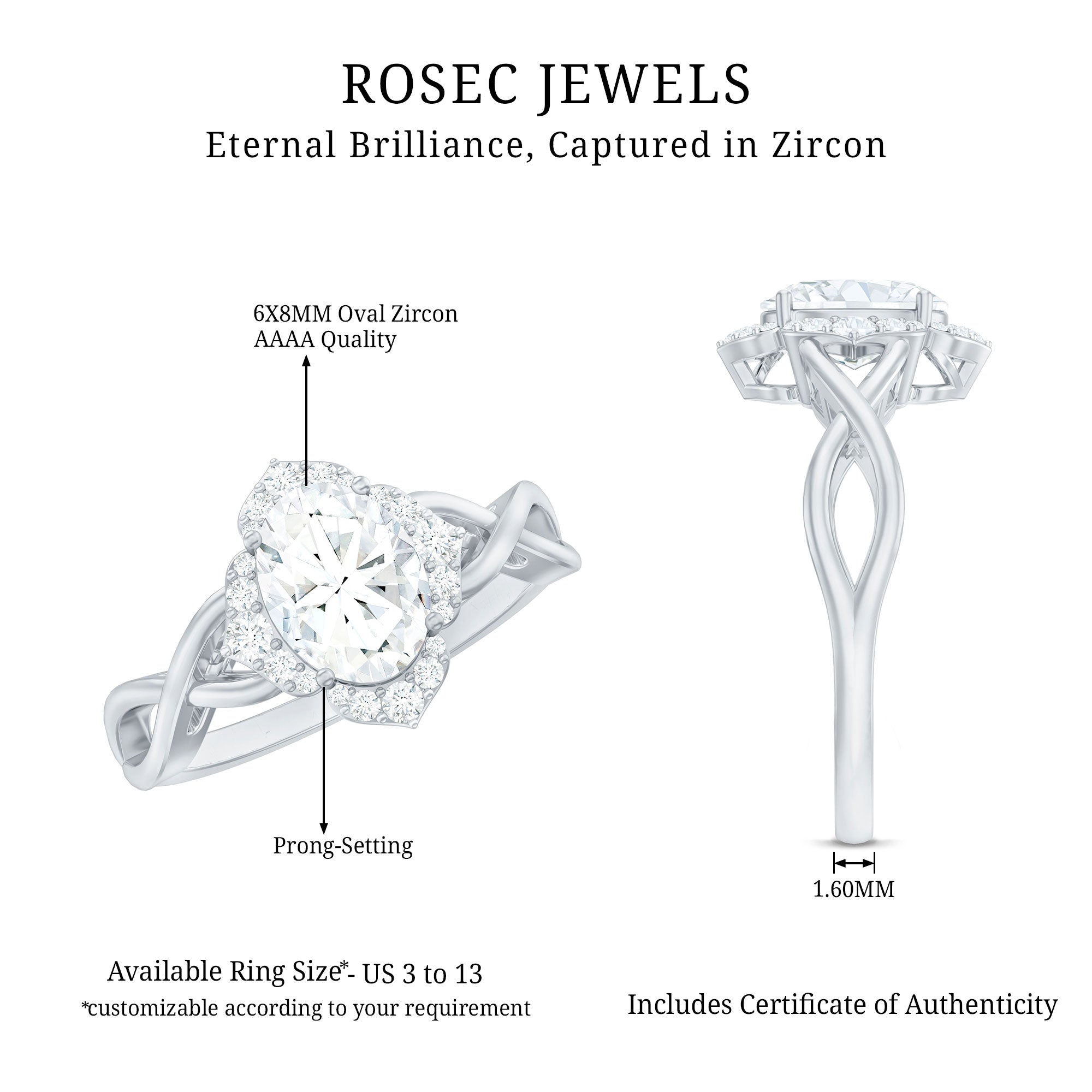 2.25 CT Crossover Shank Oval Zircon Flower Engagement Ring
