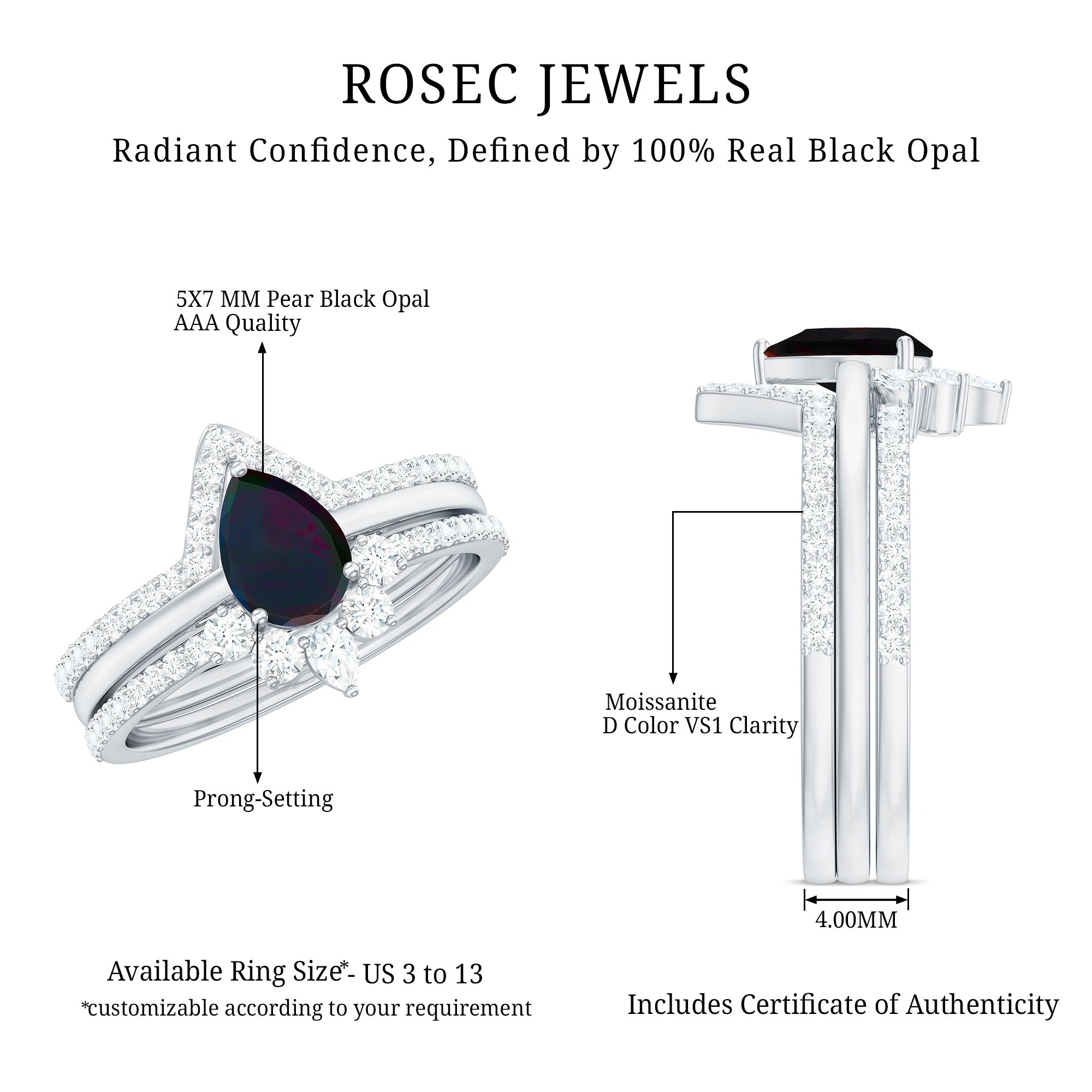 Natural Black Opal Bridal Ring Set With Moissanite