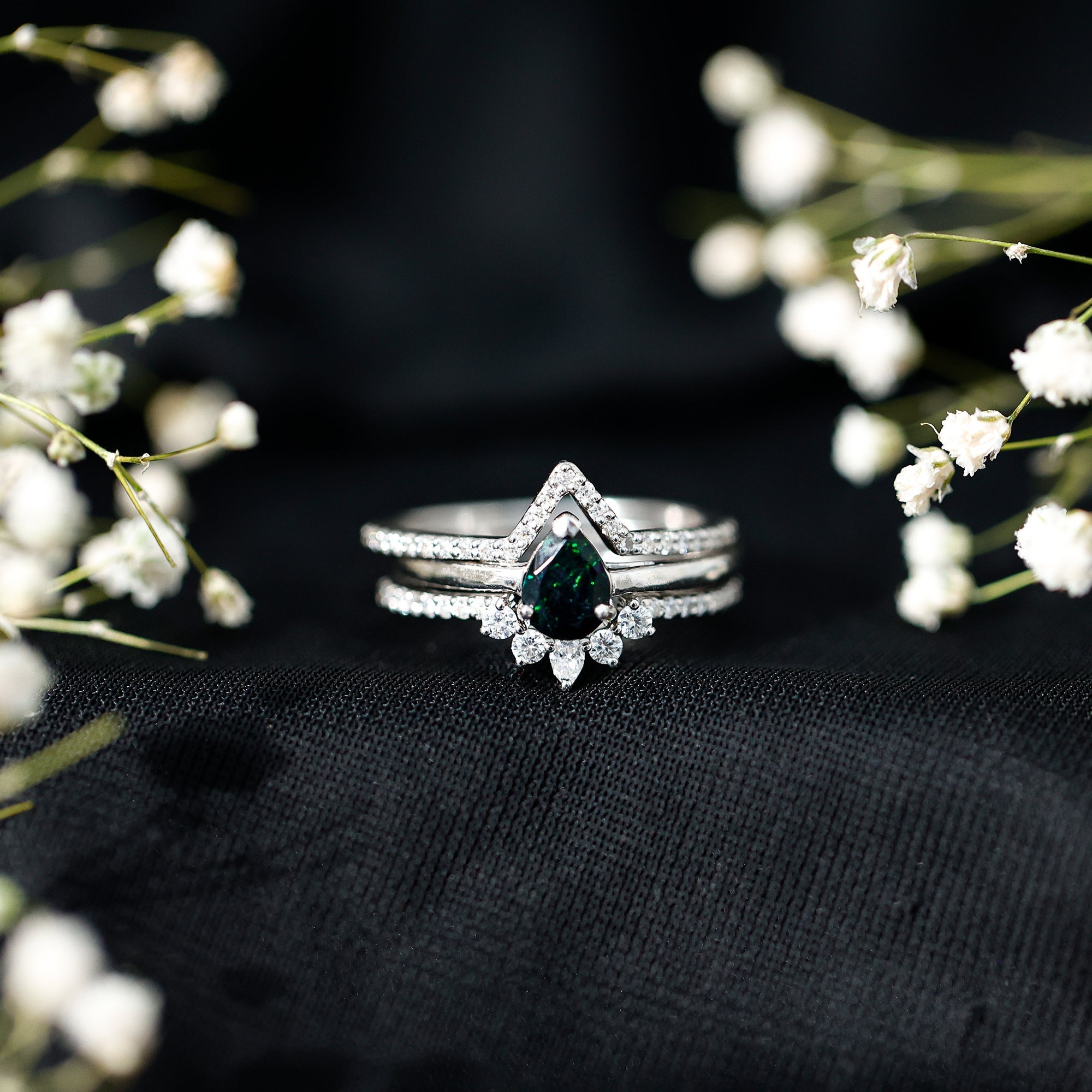 Natural Black Opal Bridal Ring Set With Moissanite