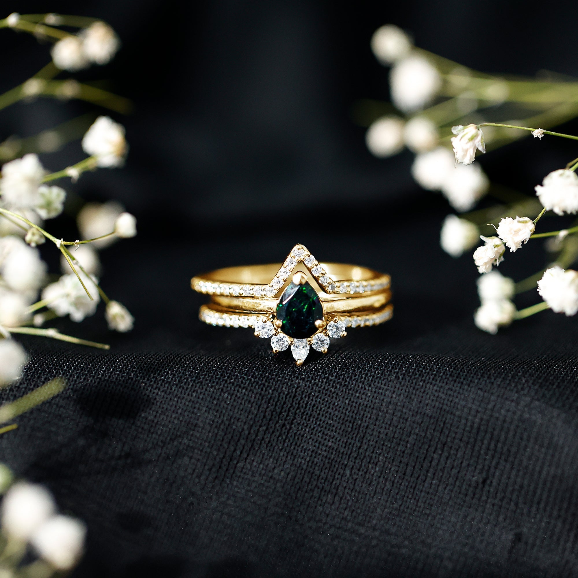 Natural Black Opal Bridal Ring Set With Moissanite