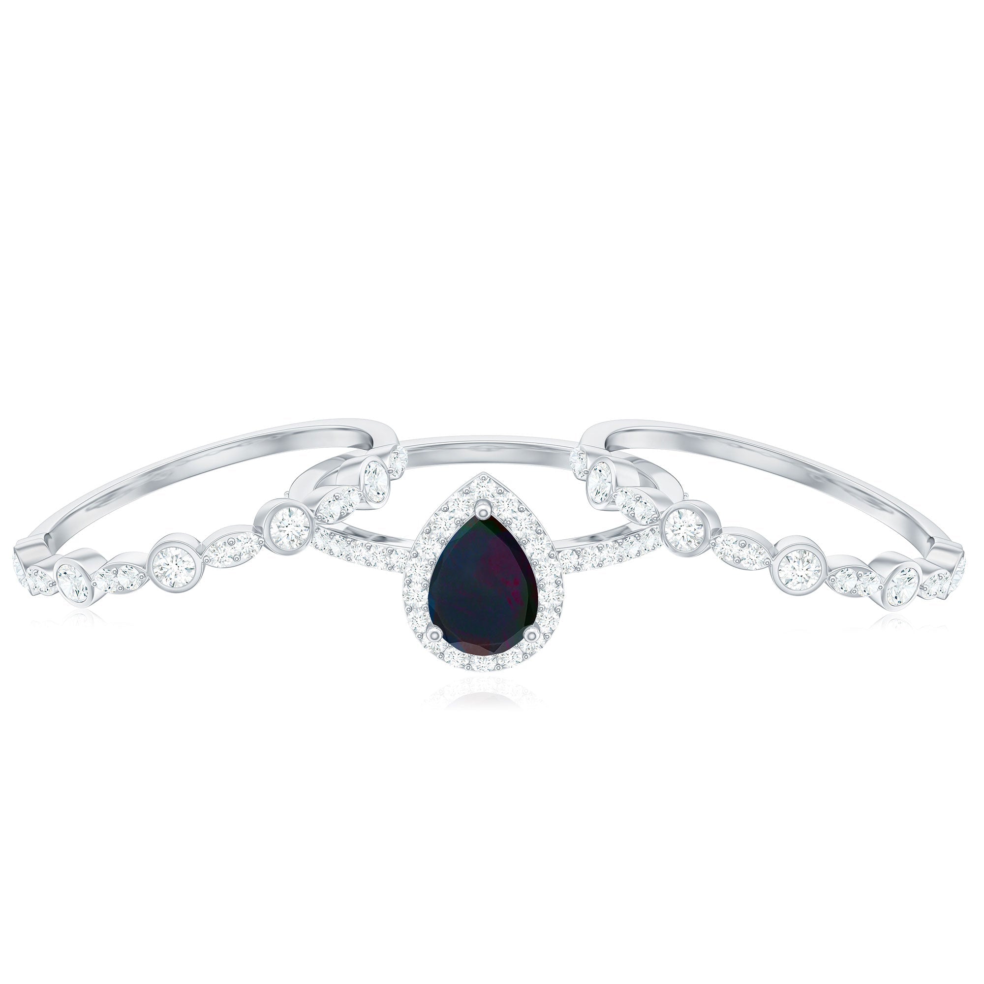0.7 Carat Pear Cut Black Opal Trio Wedding Ring Set with Moissanite