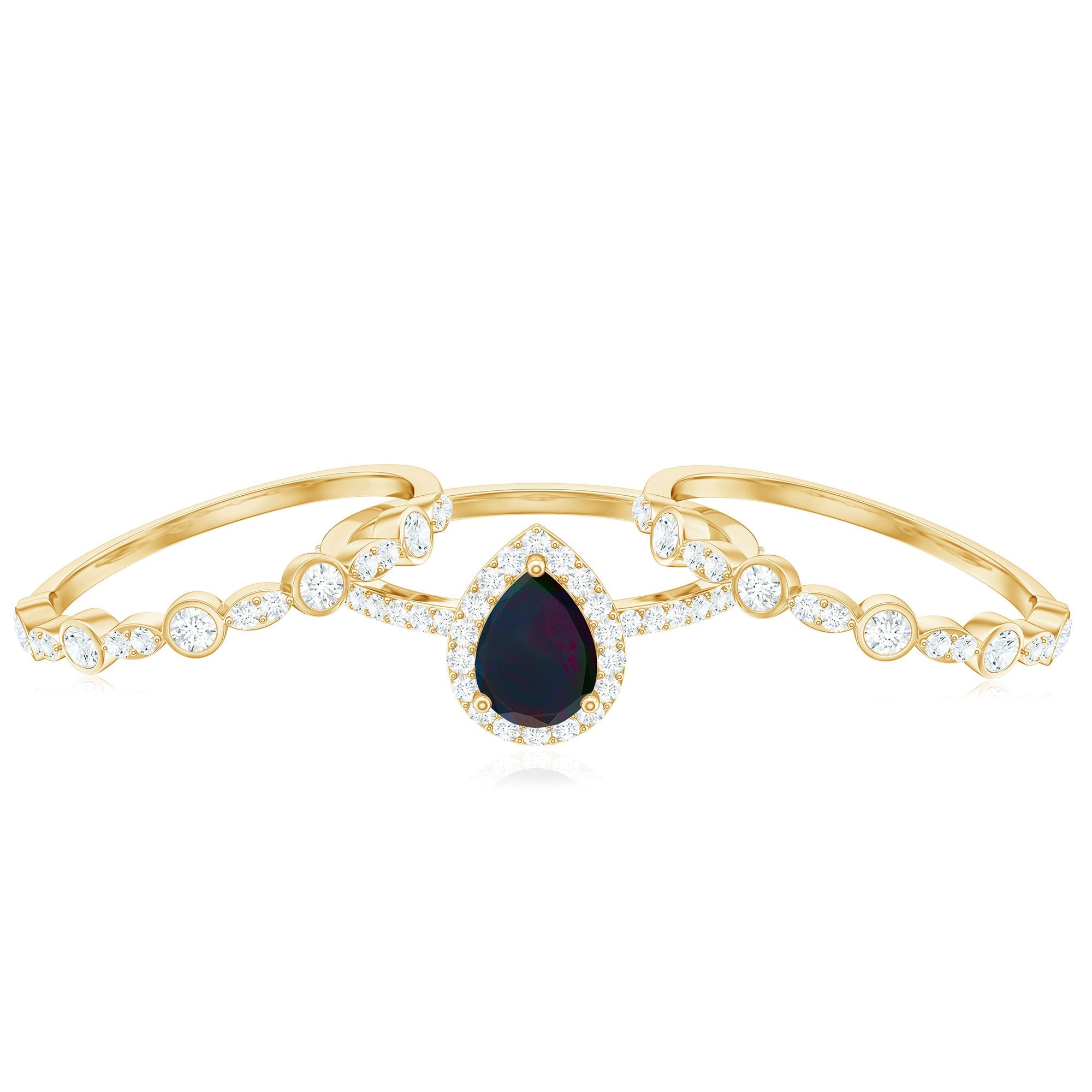 0.7 Carat Pear Cut Black Opal Trio Wedding Ring Set with Moissanite