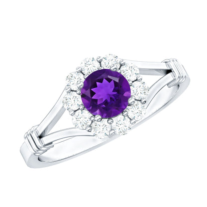 1 CT Amethyst and Diamond Halo Split Shank Ring