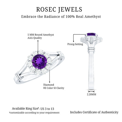 1 CT Amethyst and Diamond Halo Split Shank Ring