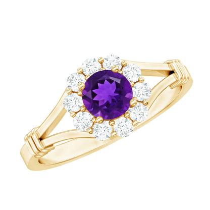 1 CT Amethyst and Diamond Halo Split Shank Ring