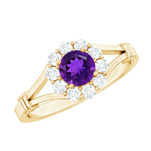 1 CT Amethyst and Diamond Halo Split Shank Ring