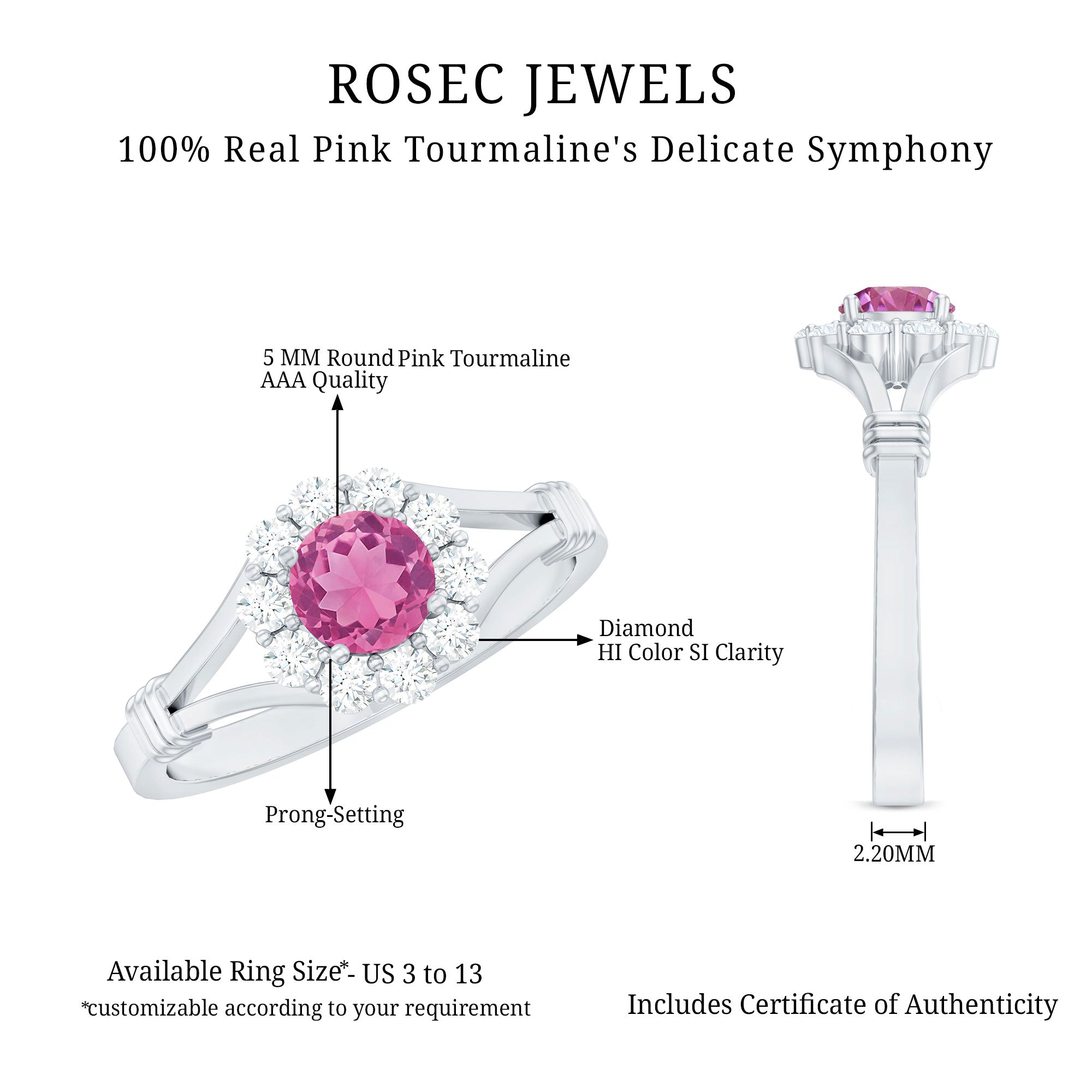 Real Pink Tourmaline and Diamond Engagement Ring in Split Shank