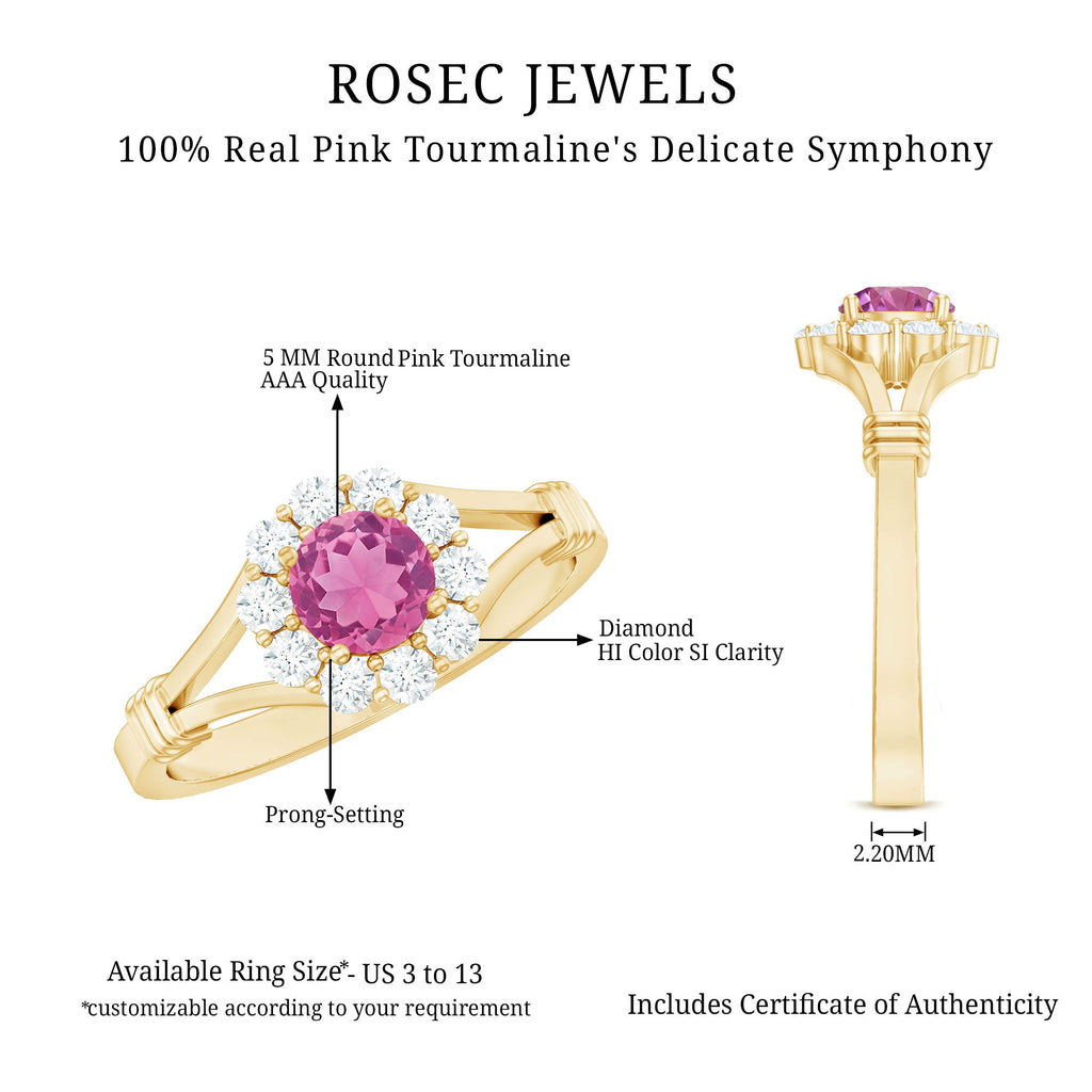 Real Pink Tourmaline and Diamond Engagement Ring in Split Shank