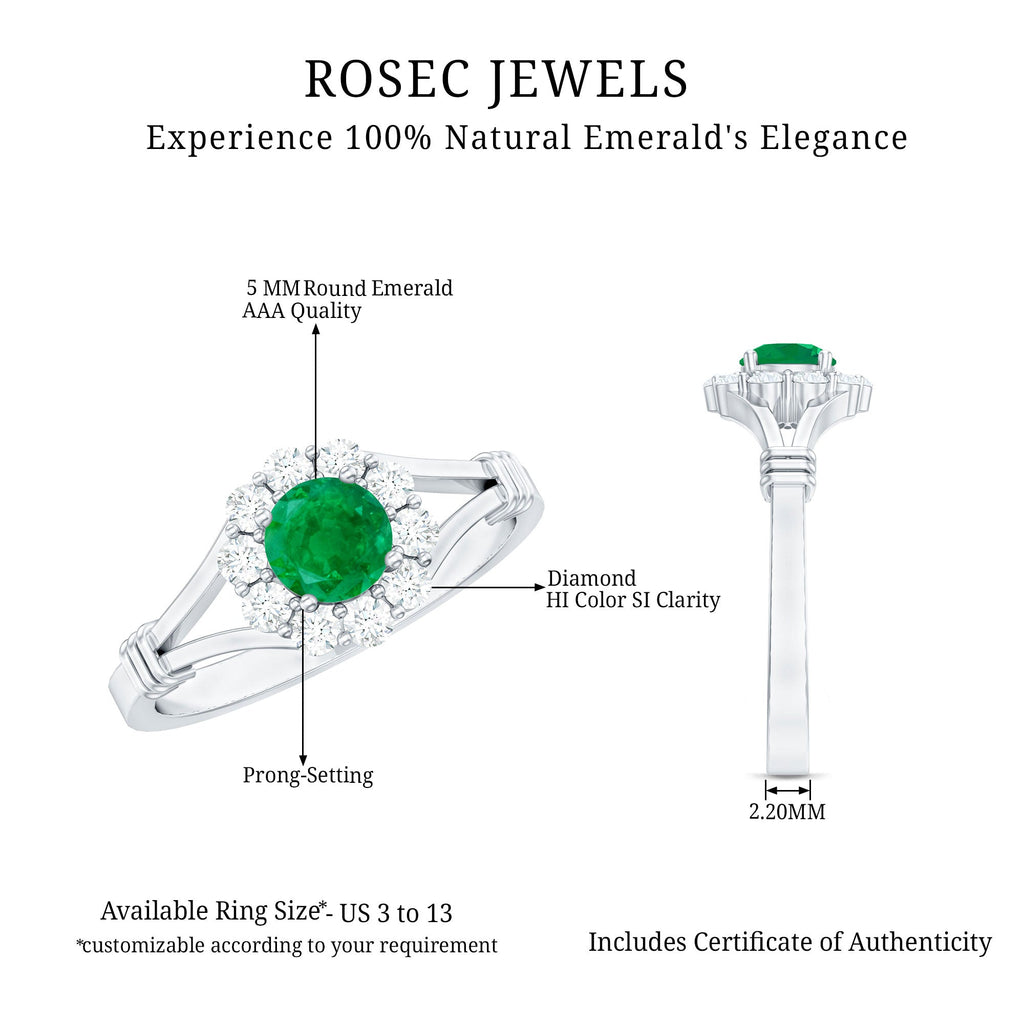 Emerald Nature Inspired Engagement Ring with Diamond Halo