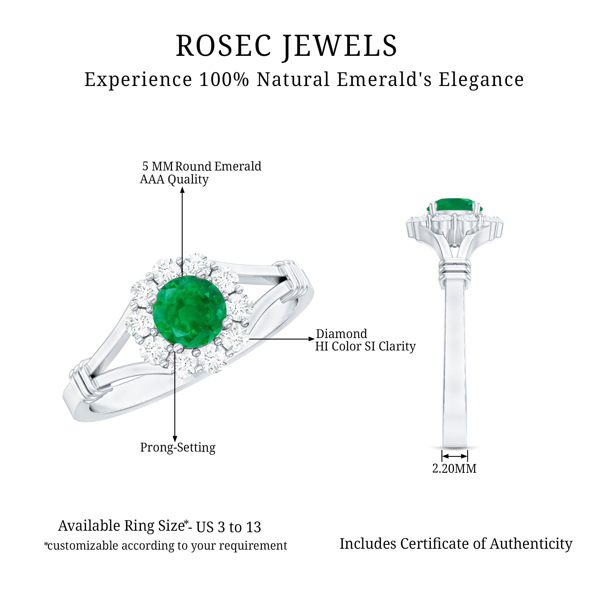 Emerald Nature Inspired Engagement Ring with Diamond Halo