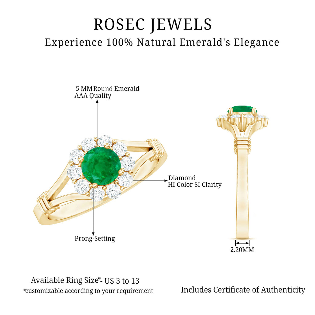 Emerald Nature Inspired Engagement Ring with Diamond Halo