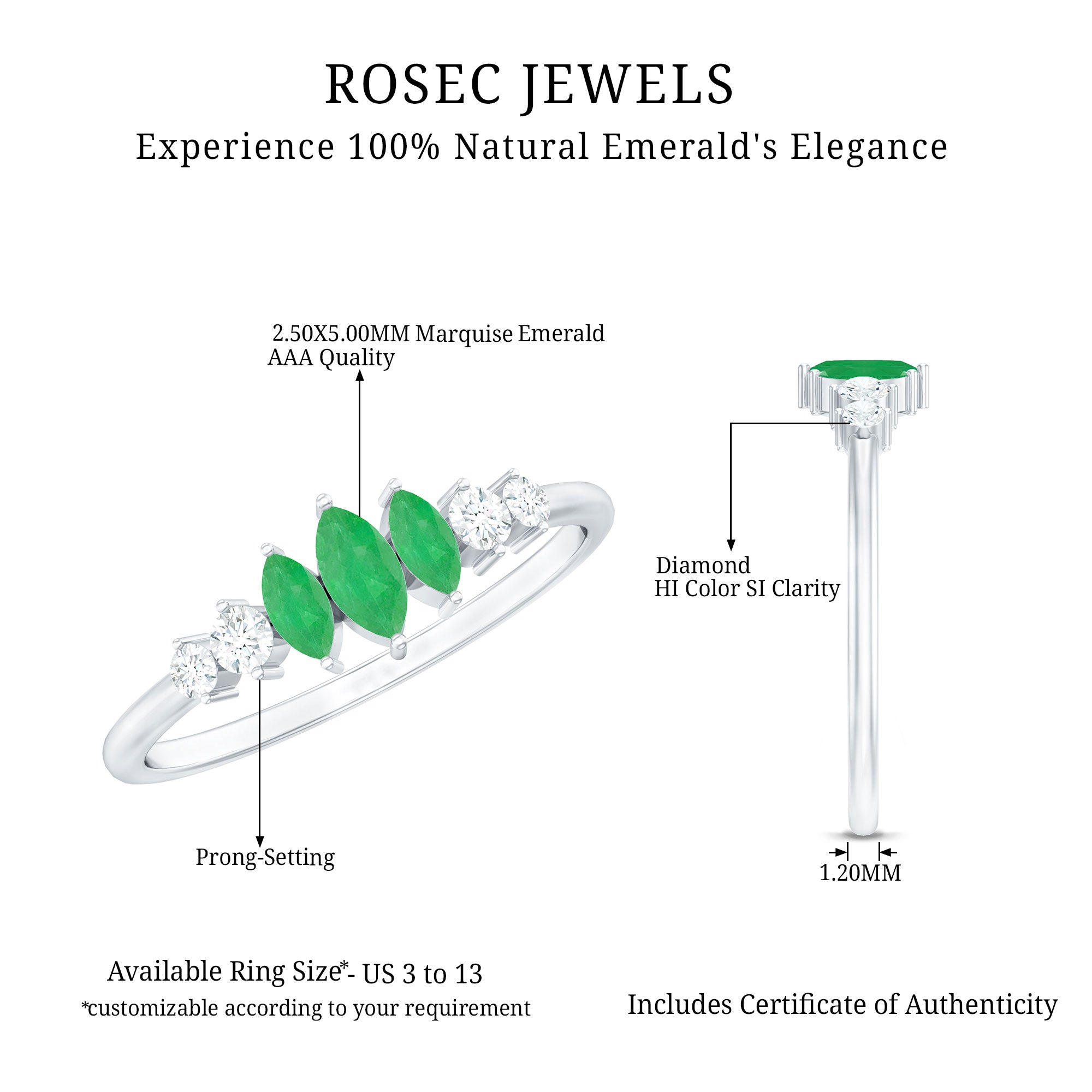 Marquise Emerald and Diamond 3 Stone Anniversary Ring for Women