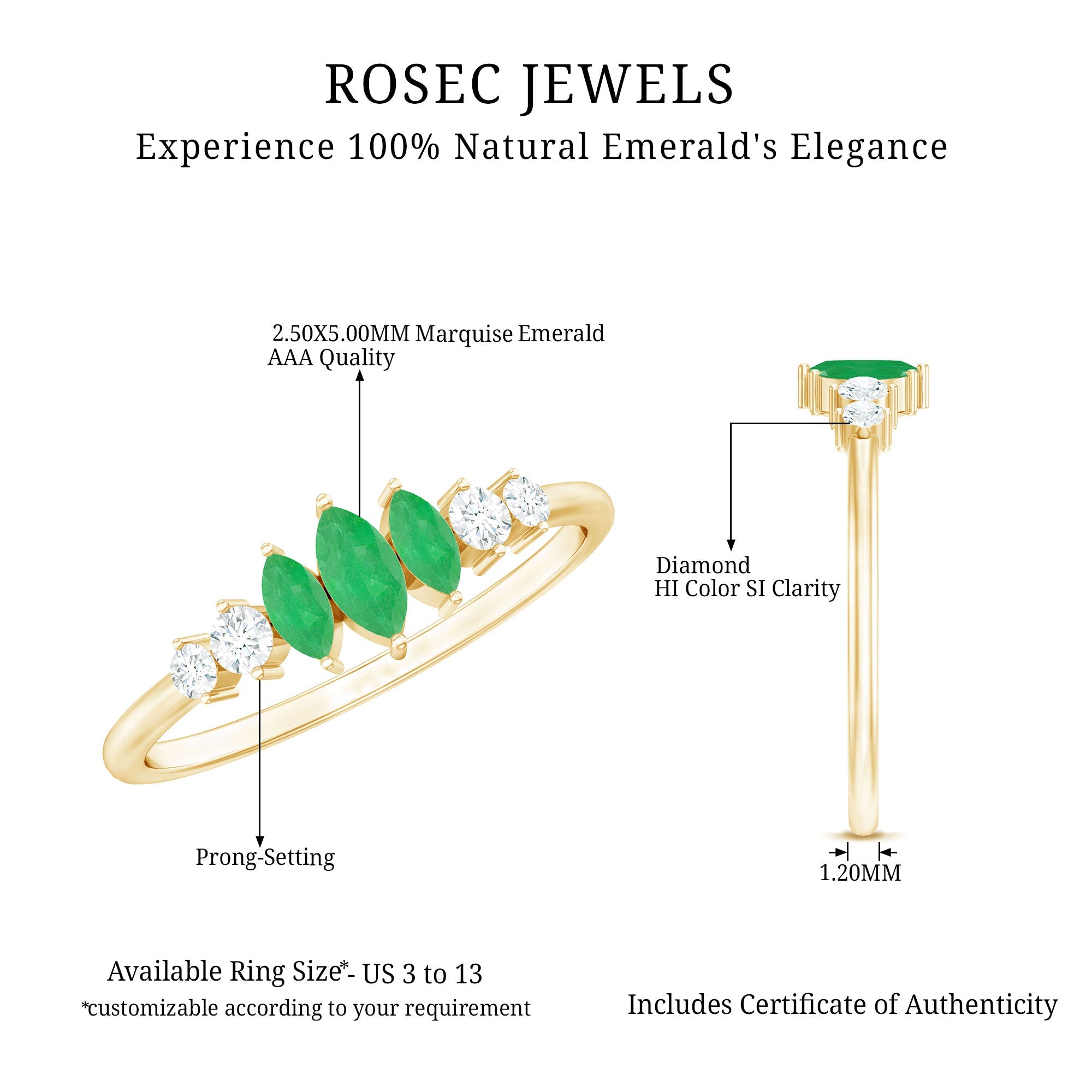Marquise Emerald and Diamond 3 Stone Anniversary Ring for Women