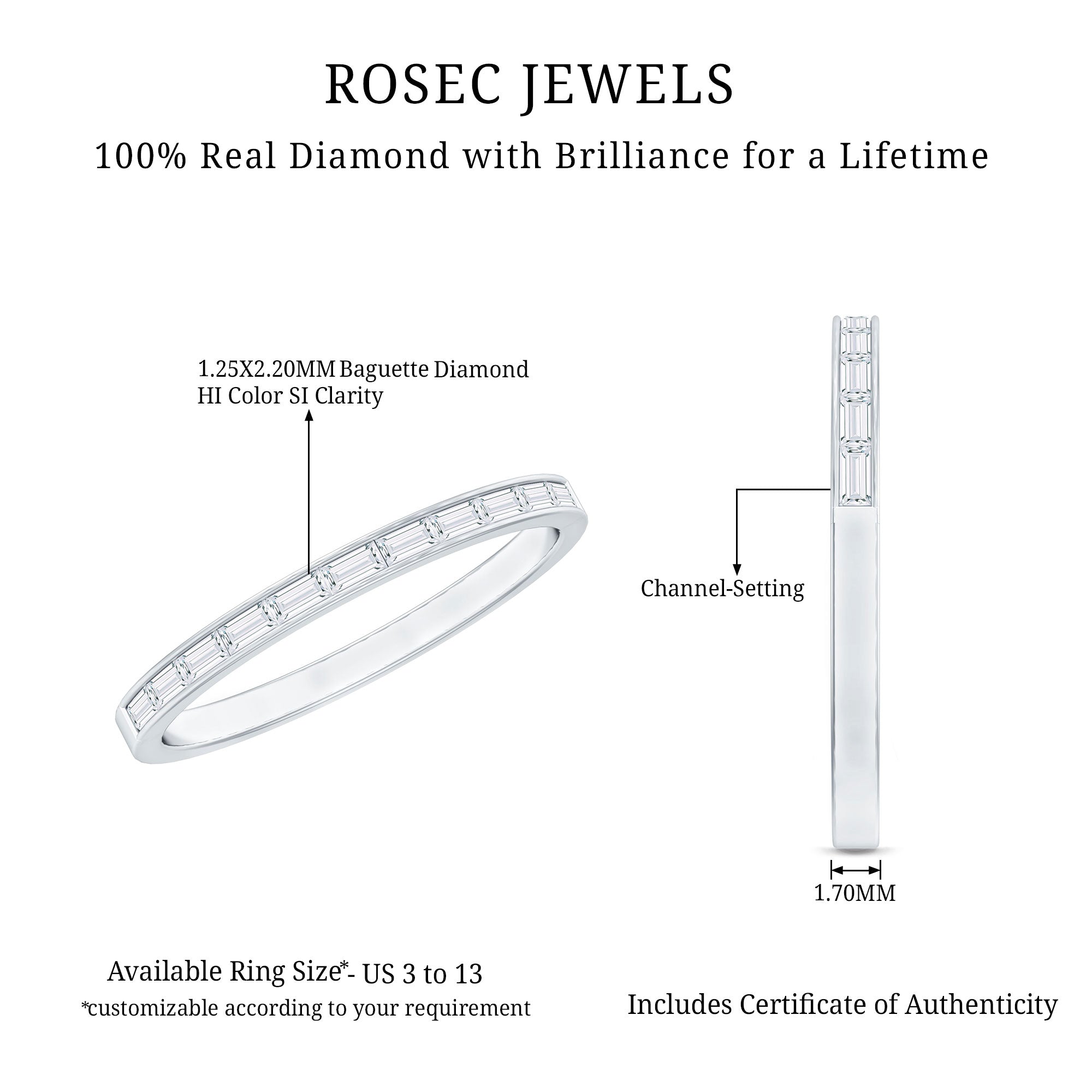 Baguette Diamond Half Eternity Stackable Ring in Channel Setting